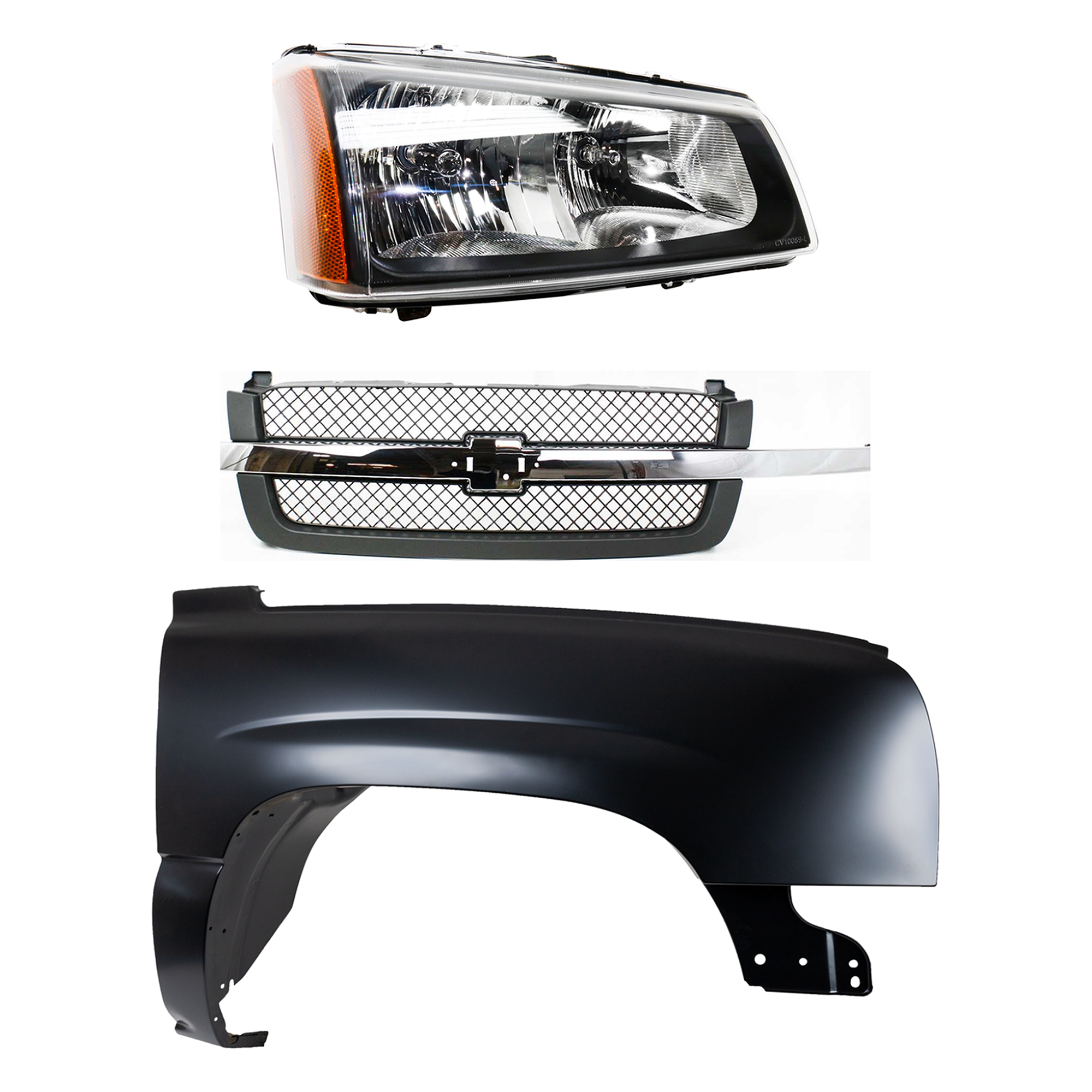 AM CHEVROLET C K FULL SIZE PICKUP 03-07 FRONT FENDER RH 3 pc kit Primed w Grille and Headlight SKU KIT 022123-11601 Partslink GM1241305 GM1200474 GM2503257 OEM 88944419-88968933-10396912