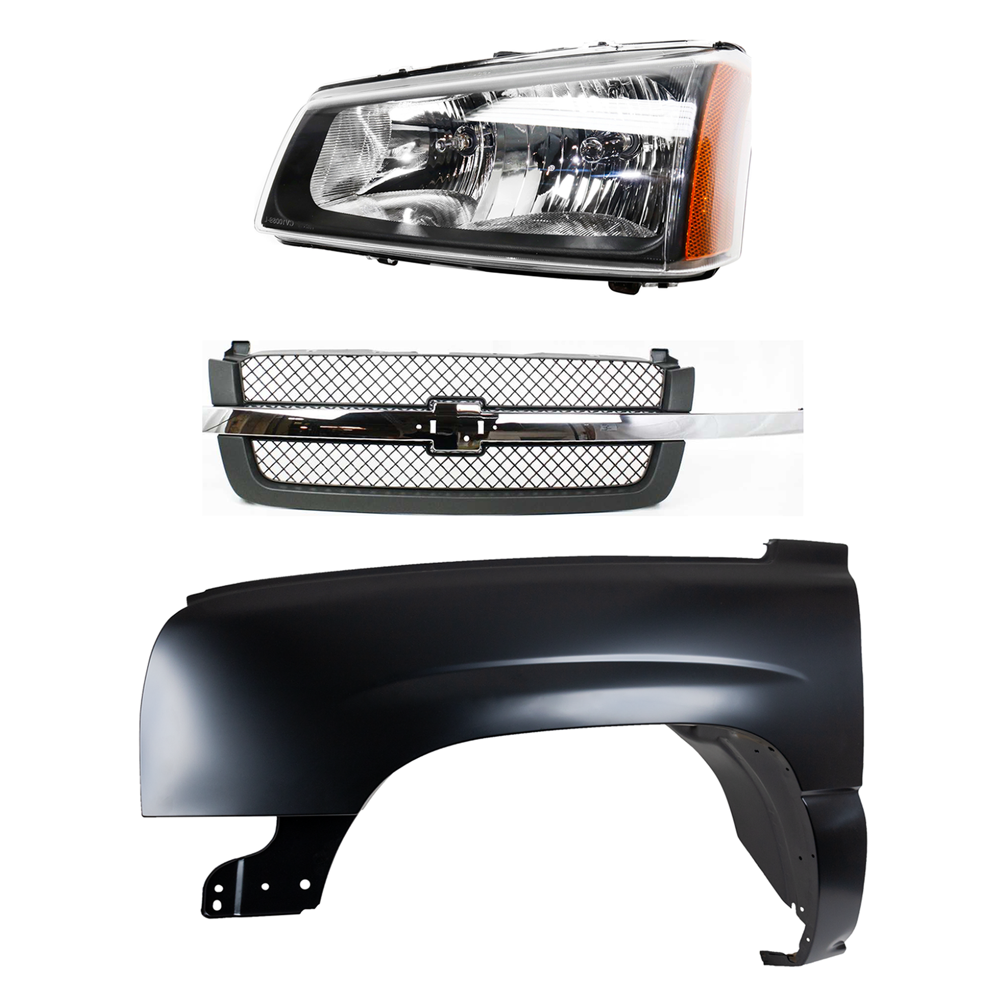 AM CHEVROLET C K FULL SIZE PICKUP 03-07 FRONT FENDER LH 3 pc kit Primed w Grille and Headlight SKU KIT 022123-11602 Partslink GM1240305 GM1200474 GM2502257 OEM 88944420-88968933-10396913