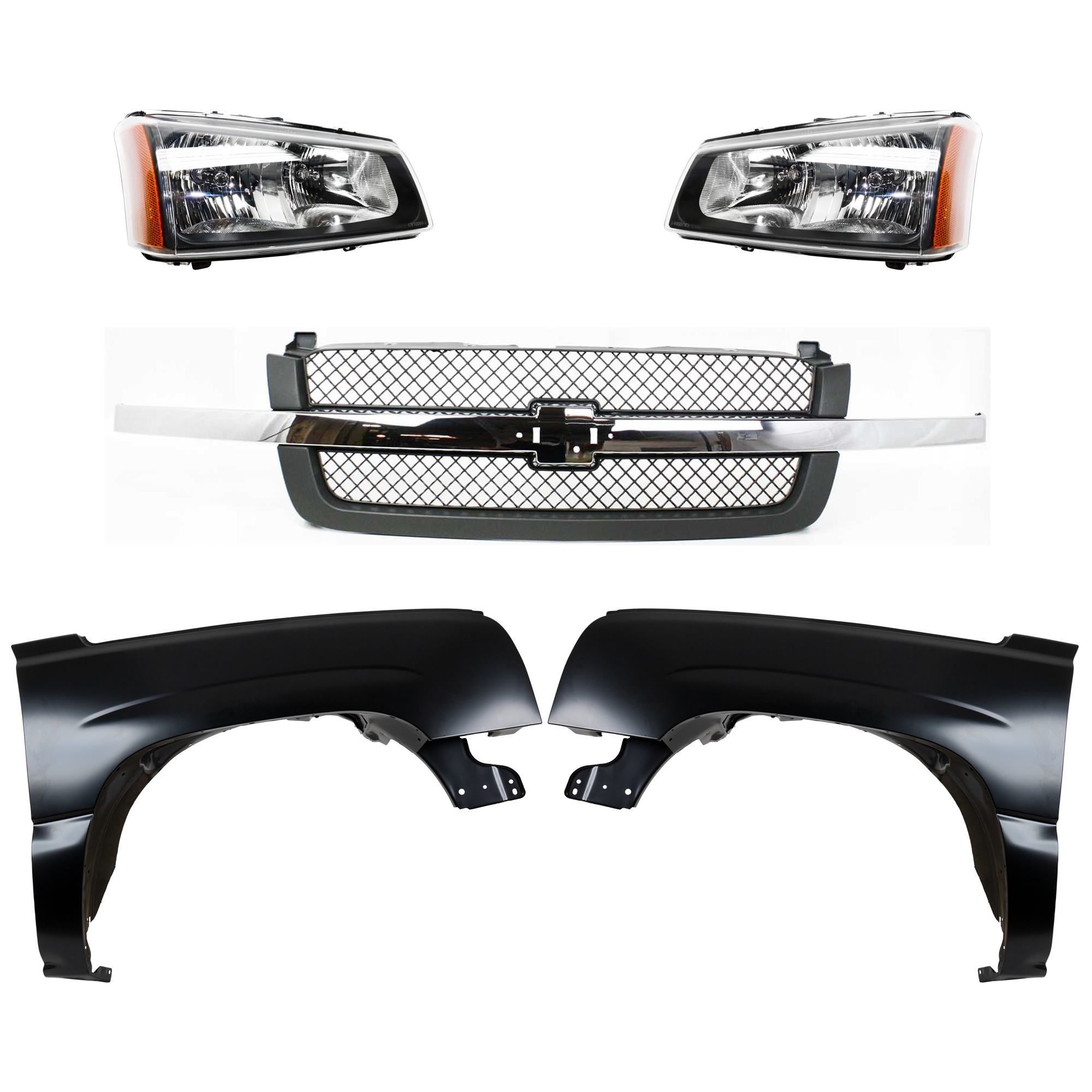 AM CHEVROLET C K FULL SIZE PICKUP 03-07 FRONT FENDER RH AND LH 5 pc kit Primed w Grille and Headlight SKU KIT 022123-116 Partslink GM1240305 GM1241305 GM1200474 GM2502257 GM2503257 OEM 88944419-88944420-88968933-103