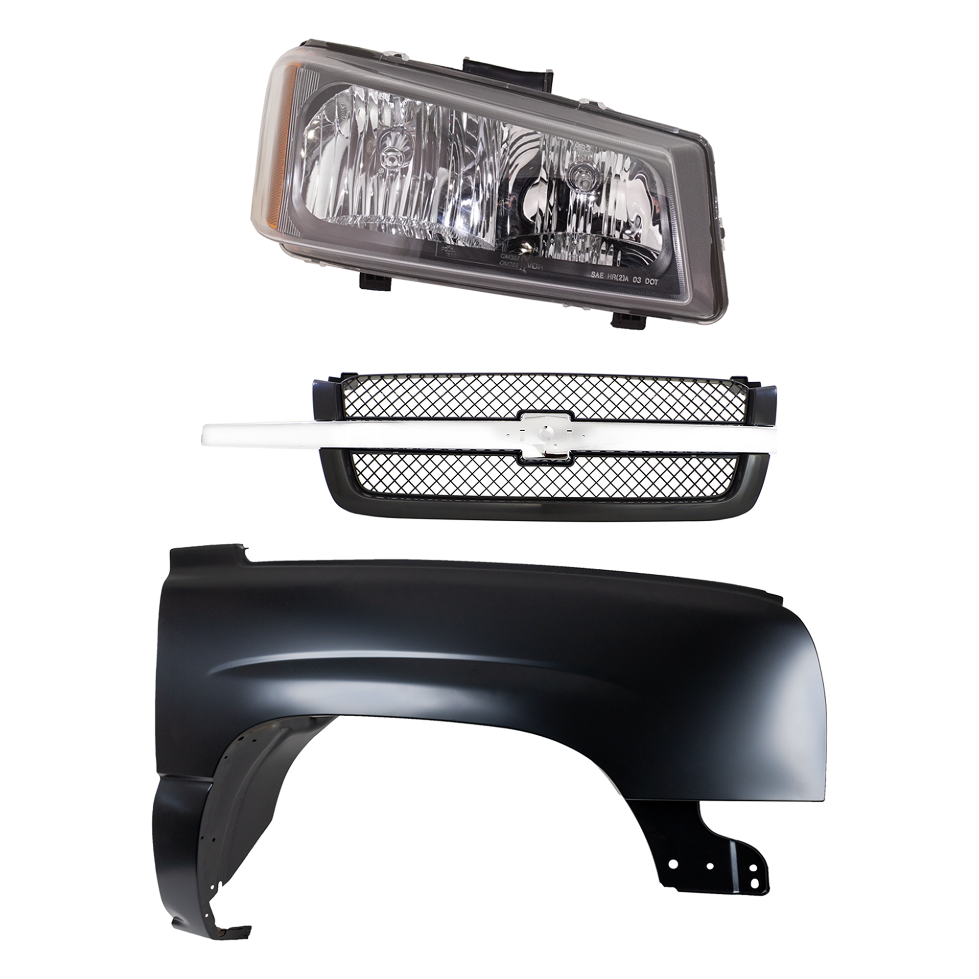 AM CHEVROLET C K FULL SIZE PICKUP 03-07 FRONT FENDER RH Primed 3 pc Kit with Grille and Headlight SKU KIT 022123-11701 Partslink GM1241305 GM1200489 GM2503224 OEM 88944419-19168629-10396912 PFM