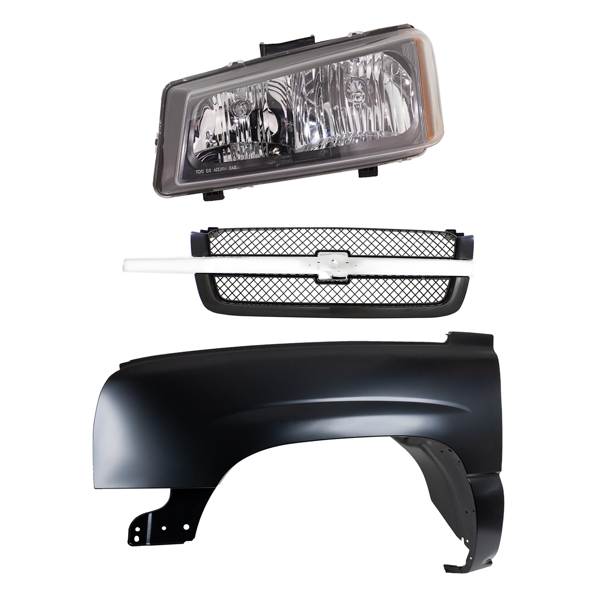 AM CHEVROLET C K FULL SIZE PICKUP 03-07 FRONT FENDER LH Primed 3 pc Kit with Grille and Headlight SKU KIT 022123-11702 Partslink GM1240305 GM1200489 GM2502224 OEM 88944420-19168629-10396913 PFM