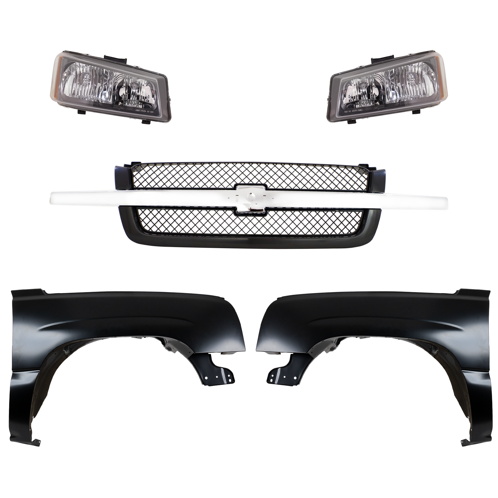 AM CHEVROLET C K FULL SIZE PICKUP 03-07 FRONT FENDER RH AND LH Primed 5 pc Kit with Grille and Headlights SKU KIT 022123-117 Partslink GM1241305 GM1240305 GM1200489 GM2502224 GM2503224 OEM 88944419-88944420-19168629-103