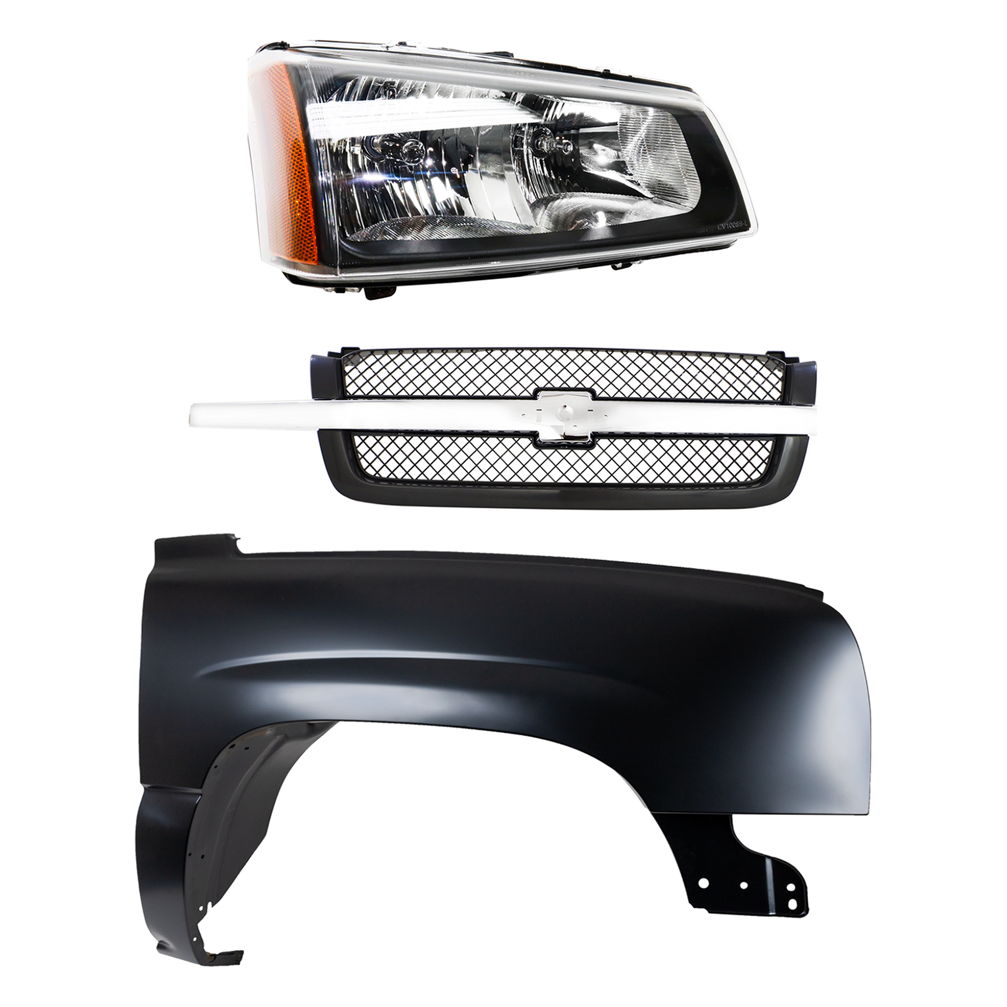 AM CHEVROLET C K FULL SIZE PICKUP 03-07 FRONT FENDER RH Primed 3 pc Kit with Grille and Headlight SKU KIT 022123-11801 Partslink GM1241305 GM1200489 GM2503257 OEM 88944419-19168629-10396912