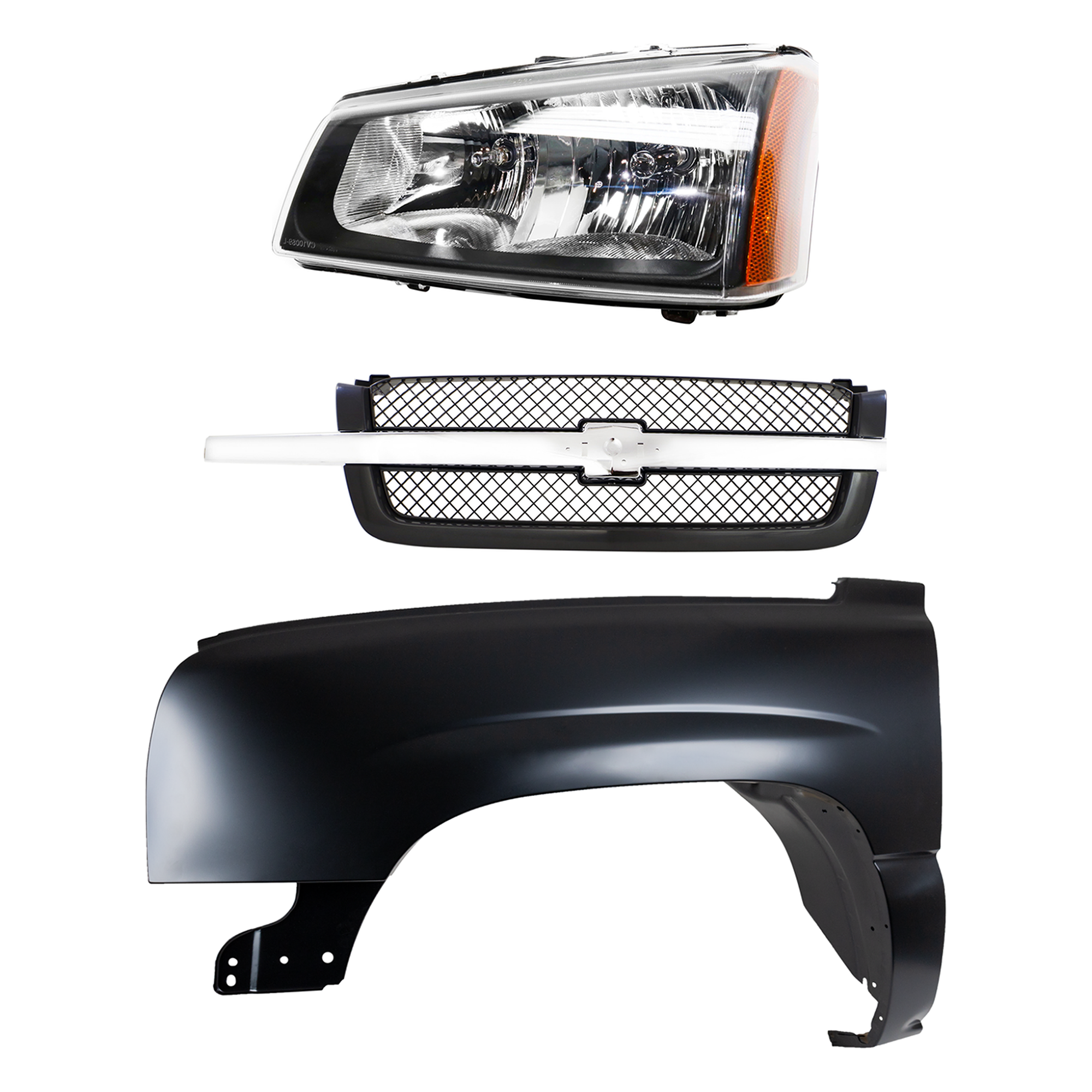 AM CHEVROLET C K FULL SIZE PICKUP 03-07 FRONT FENDER LH Primed 3 pc Kit with Grille and Headlight SKU KIT 022123-11802 Partslink GM1240305 GM1200489 GM2502257 OEM 88944420-19168629-10396913