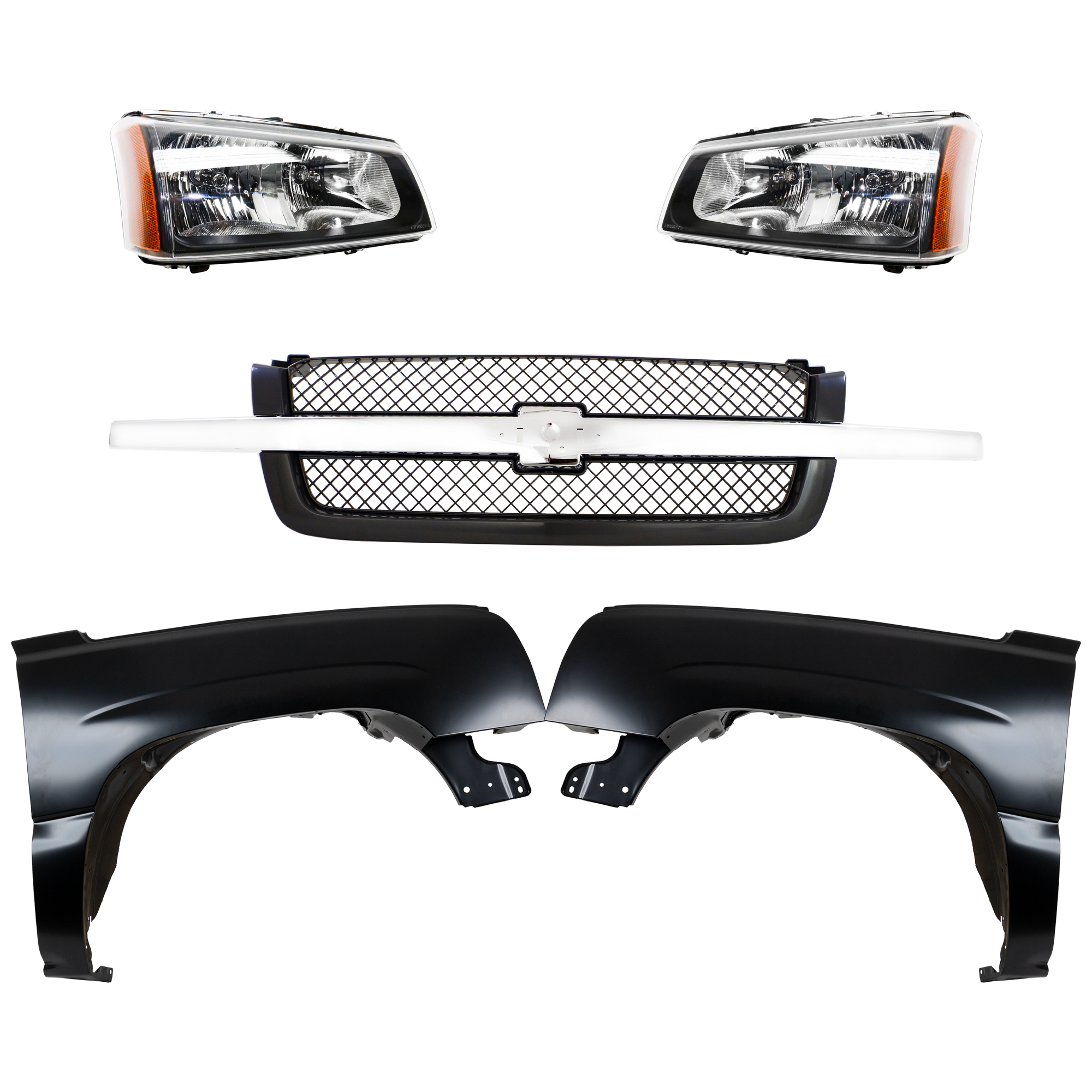 AM CHEVROLET C K FULL SIZE PICKUP 03-07 FRONT FENDER RH AND LH Primed 5 pc Kit with Grille and Headlights SKU KIT 022123-118 Partslink GM1241305 GM1240305 GM1200489 GM2502257 GM2503257 OEM 88944419-88944420-19168629-103
