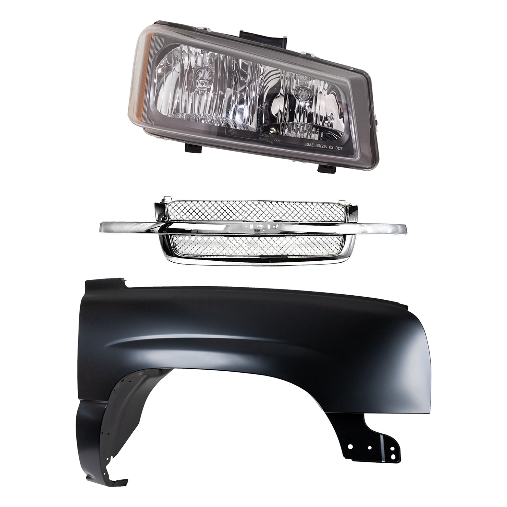 AM SILVERADO 03-07 FRONT FENDER RH 3 pc Kit Primed Steel with Grille and Headlight SKU KIT 022123-11901 Partslink GM1241305 GM1200514 GM2503224 OEM 88944419-88968933 PFM 10396912