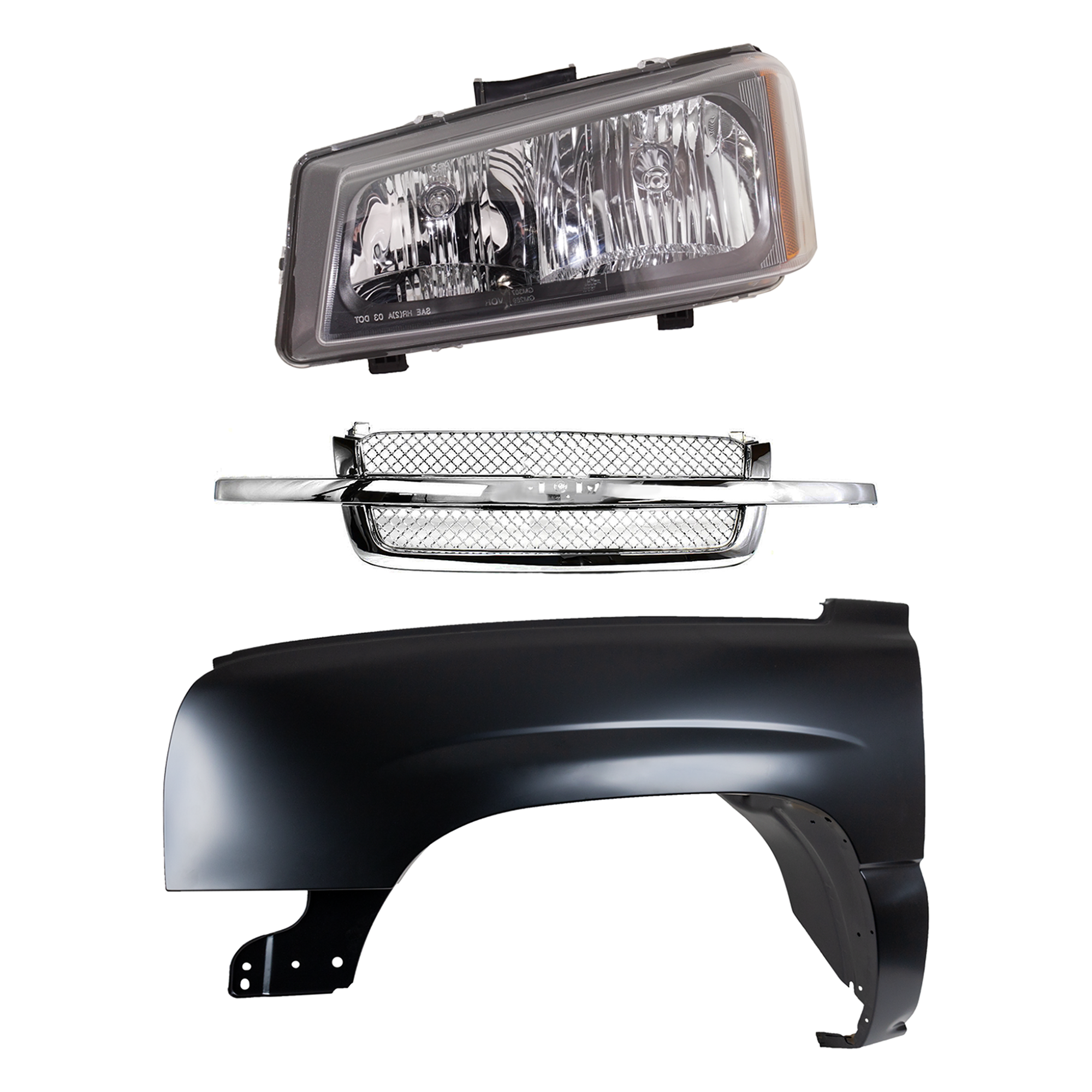 AM SILVERADO 03-07 FRONT FENDER LH 3 pc Kit Primed Steel with Grille and Headlight SKU KIT 022123-11902 Partslink GM1240305 GM1200514 GM2502224 OEM 88944420-88968933 PFM 10396913