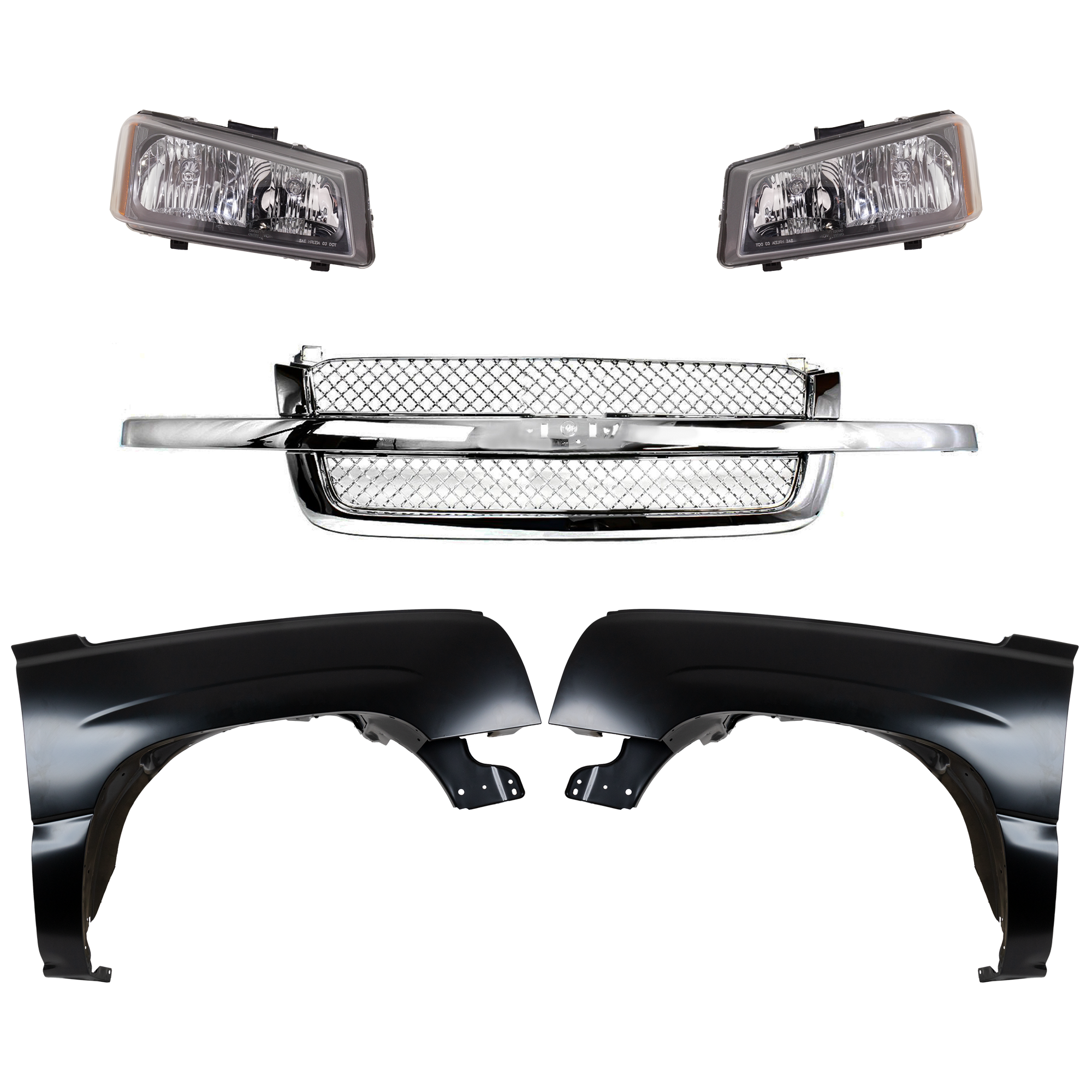 AM SILVERADO 03-07 FRONT FENDER RH AND LH 5 pc Kit with Grille Assembly and Headlights SKU KIT 022123-119 Partslink GM1241305 GM1240305 GM1200514 GM2502224 GM2503224 OEM 88944419-88944420-88968933 PFM