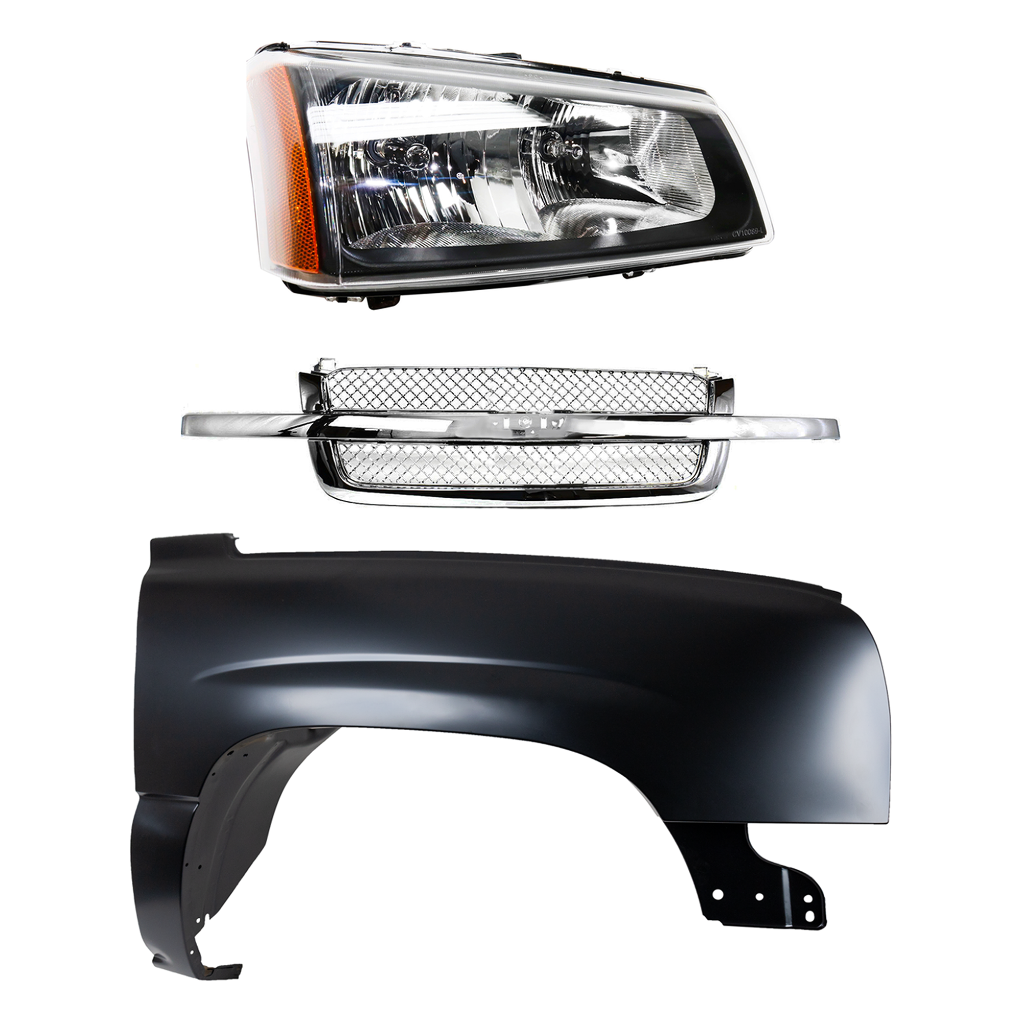AM SILVERADO 03-07 FRONT FENDER RH 3 pc Kit Primed Steel with Grille and Headlight SKU KIT 022123-12001 Partslink GM1241305 GM1200514 GM2503257 OEM 88944419-88968933 PFM 10396912