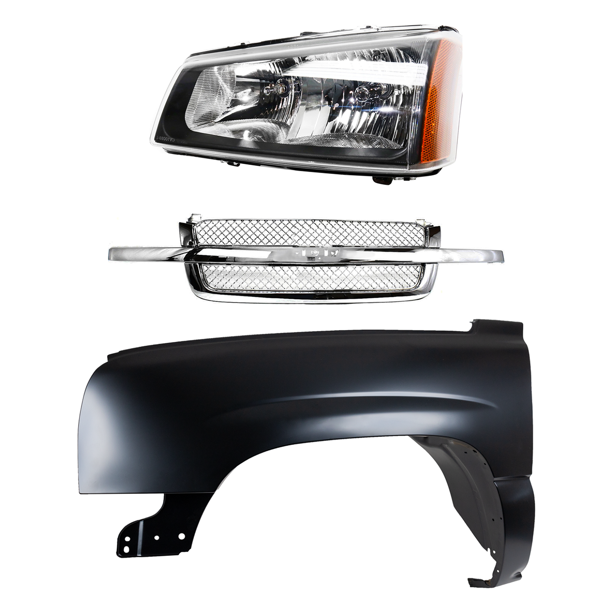 AM SILVERADO 03-07 FRONT FENDER LH 3 pc Kit Primed Steel with Grille and Headlight SKU KIT 022123-12002 Partslink GM1240305 GM1200514 GM2502257 OEM 88944420-88968933 PFM 10396913