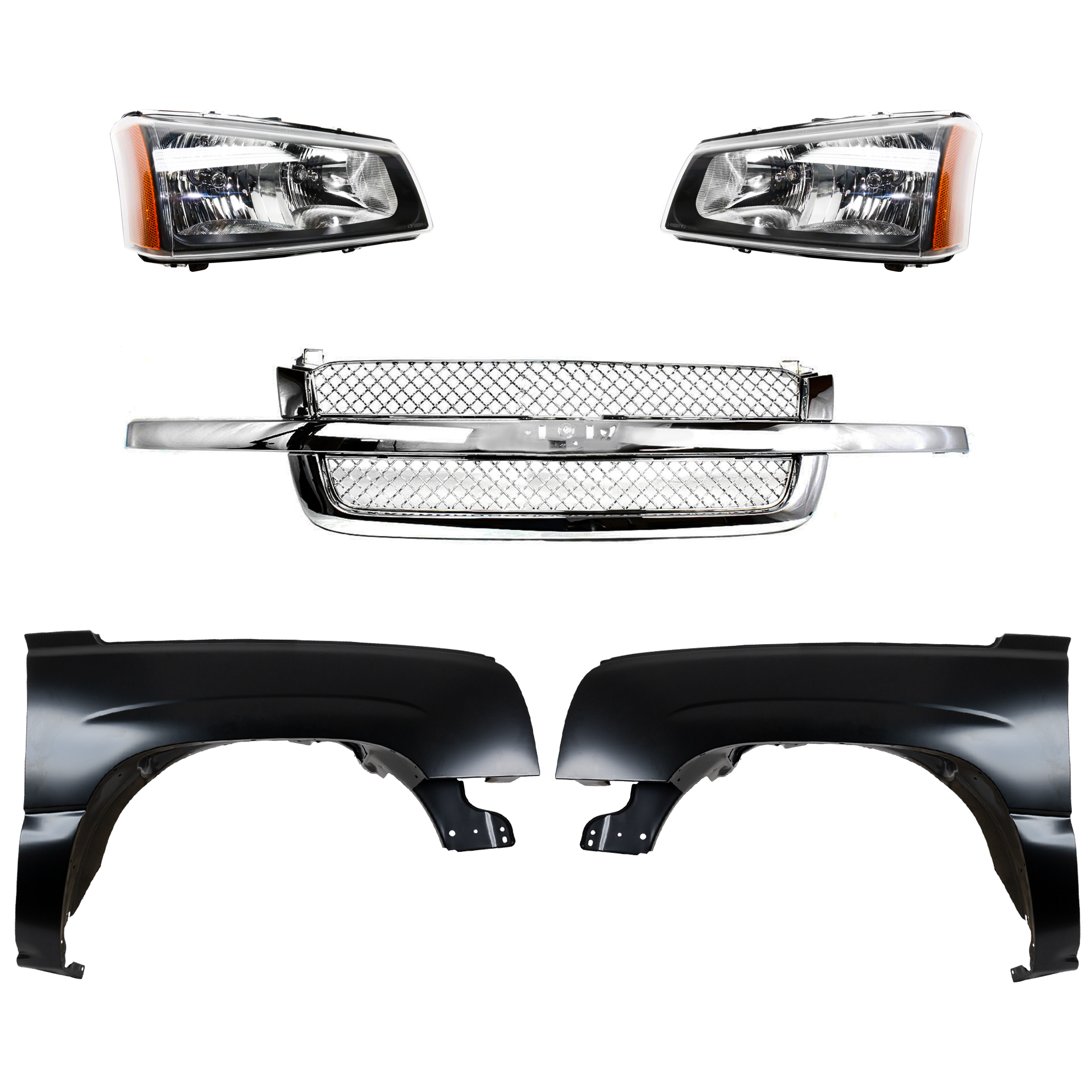 AM SILVERADO 03-07 FRONT FENDER RH AND LH 5 pc Kit with Grille Assembly and Headlights SKU KIT 022123-120 Partslink GM1240305 GM1241305 GM1200514 GM2502257 GM2503257 OEM 88944419-88944420-88968933 PFM