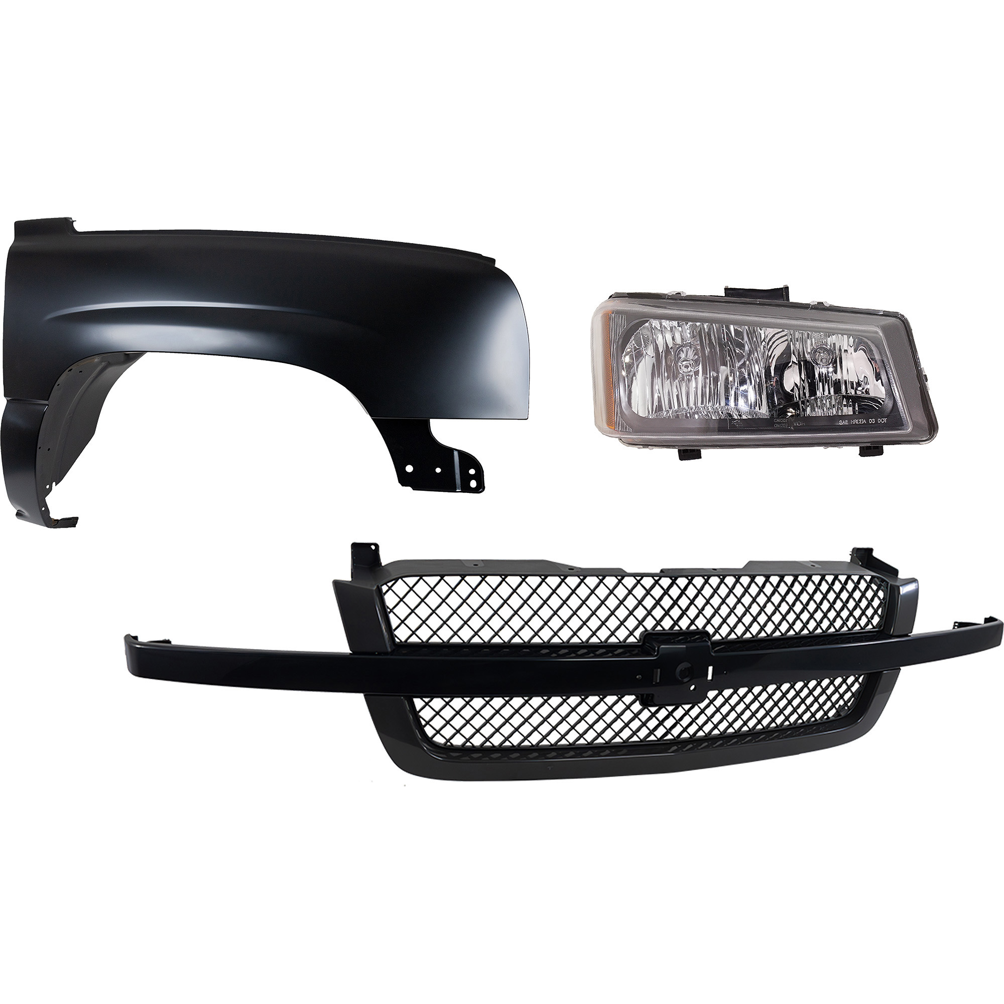 AM SILVERADO 1500-03-06 FRONT FENDER RH 3 pc Kit Primed Steel with Grille and Headlight Includes 2007 Classic SKU KIT 022123-12101 Partslink GM1241305 GM1200557 GM2503224 OEM 88944419-19168630-10396912 PFM