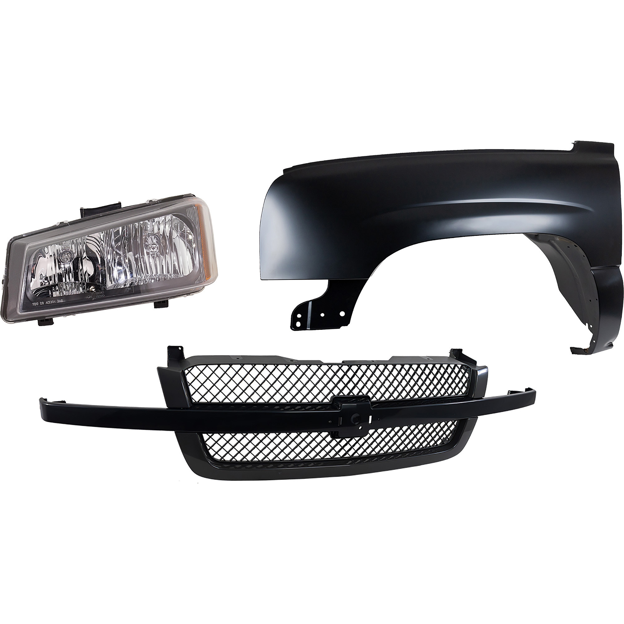 AM SILVERADO 1500-03-06 FRONT FENDER LH 3 pc Kit Primed Steel with Grille and Headlight Includes 2007 Classic SKU KIT 022123-12102 Partslink GM1240305 GM1200557 GM2502224 OEM 88944420-19168630-10396913 PFM