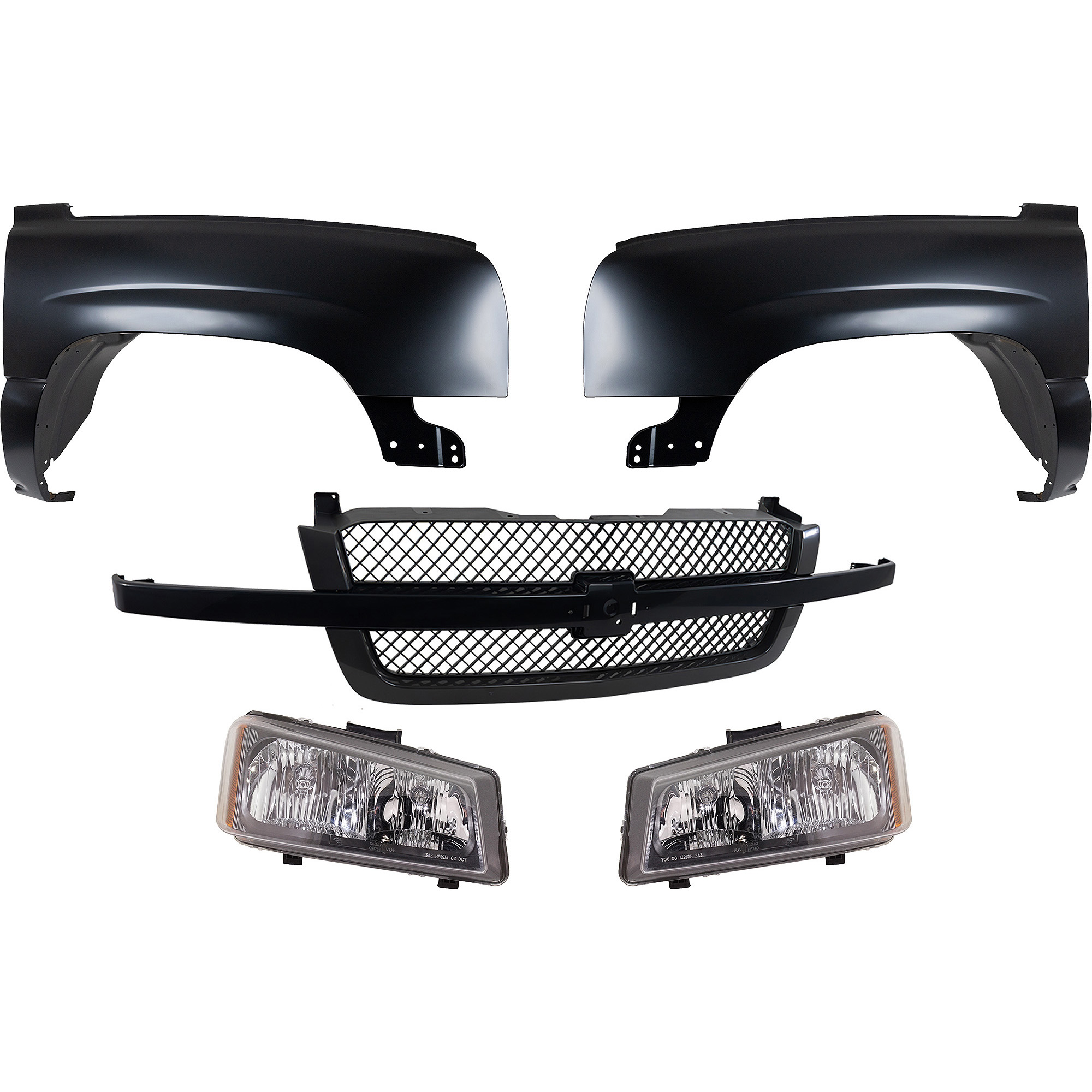 AM SILVERADO 1500-03-07 FRONT FENDER RH AND LH 5 pc Kit with Grille and Headlights SKU KIT 022123-121 Partslink GM1241305 GM1240305 GM1200557 GM2502224 GM2503224 OEM 88944419-88944420-19168630-103