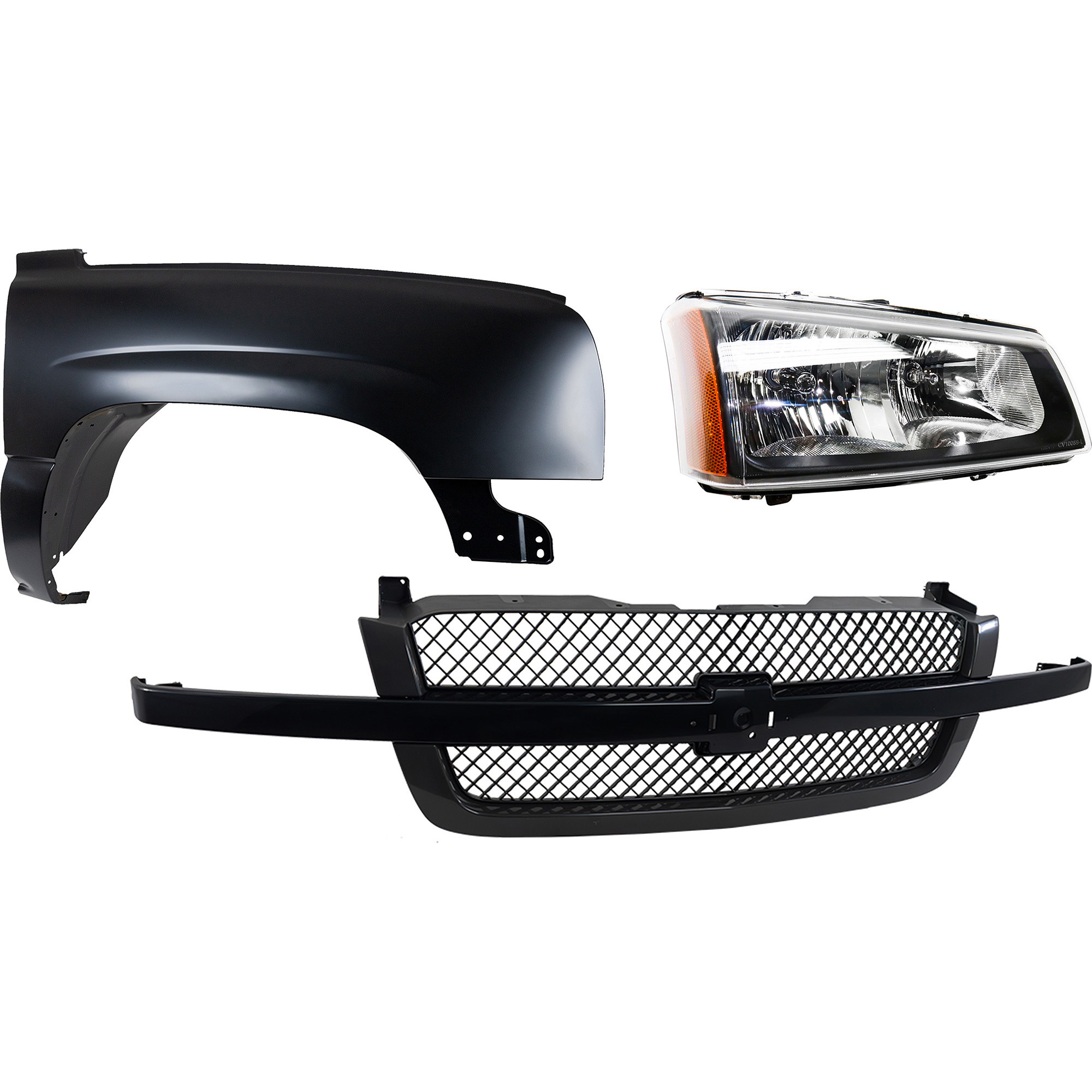 AM SILVERADO 1500-03-06 FRONT FENDER RH 3 pc Kit Primed Steel with Grille and Headlight Includes 2007 Classic SKU KIT 022123-12201 Partslink GM1241305 GM1200557 GM2503257 OEM 88944419-19168630-10396912