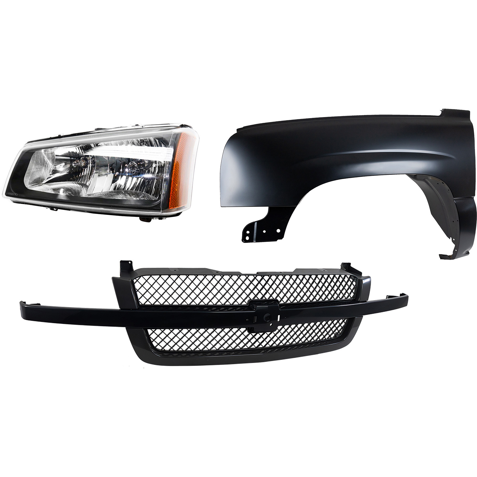 AM SILVERADO 1500-03-06 FRONT FENDER LH 3 pc Kit Primed Steel with Grille and Headlight Includes 2007 Classic SKU KIT 022123-12202 Partslink GM1240305 GM1200557 GM2502257 OEM 88944420-19168630-10396913
