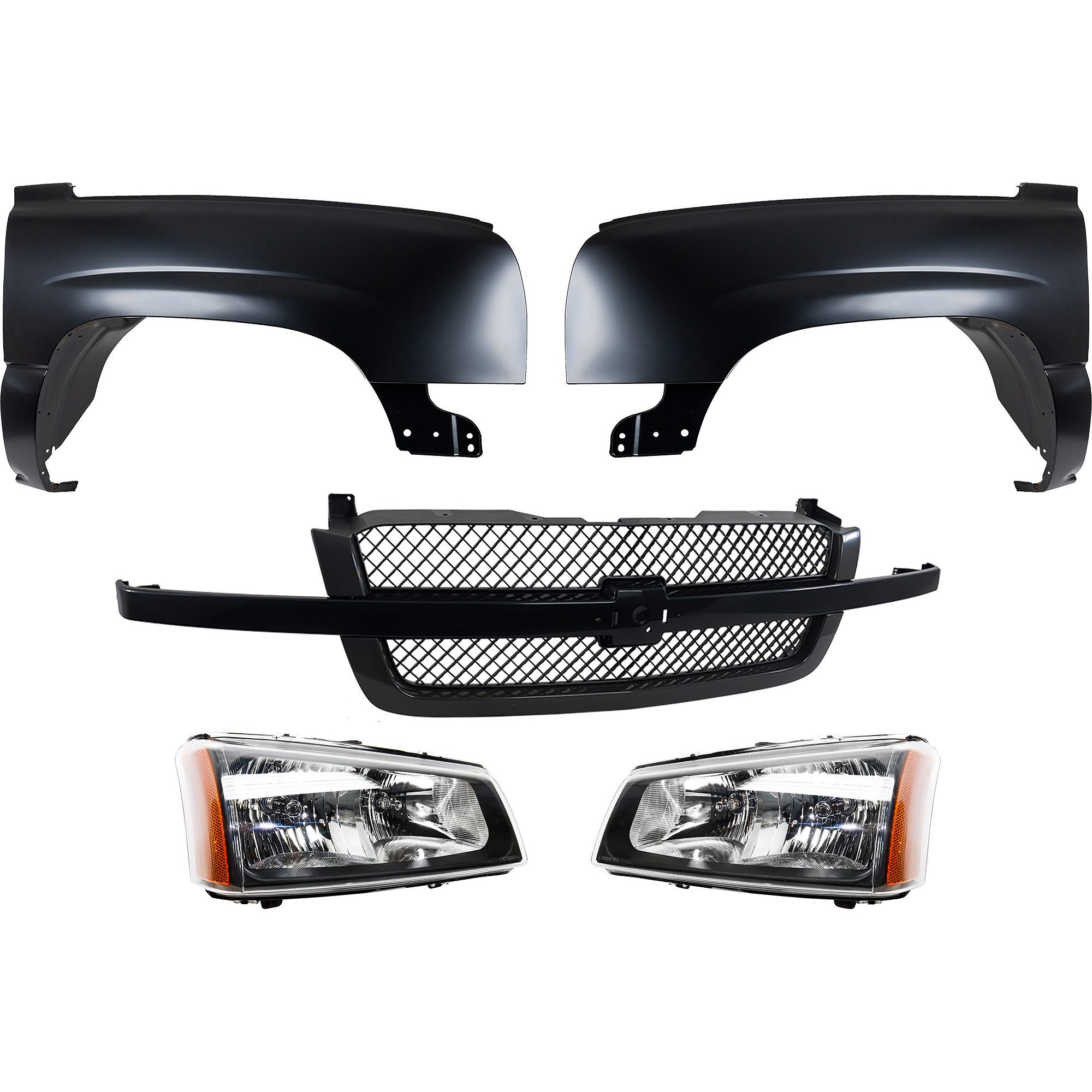AM SILVERADO 1500-03-07 FRONT FENDER RH AND LH 5 pc Kit with Grille and Headlights SKU KIT 022123-122 Partslink GM1241305 GM1240305 GM1200557 GM2502257 GM2503257 OEM 88944419-88944420-19168630-103