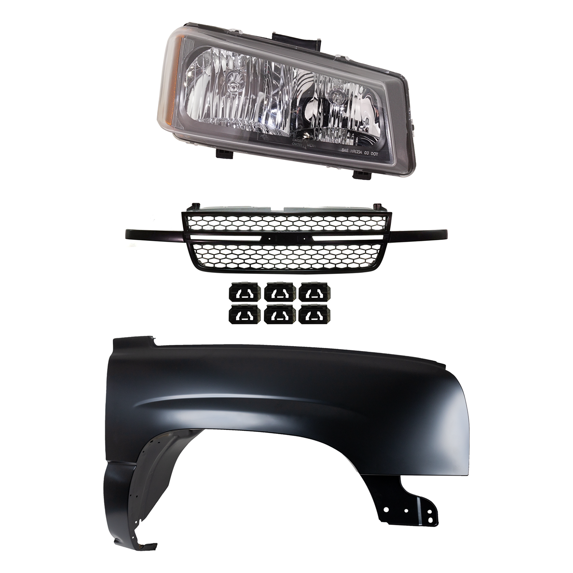 AM SILVERADO 1500-03-06 FRONT FENDER RH 3 pc kit Primed w Grille Assembly and Headlight Includes 2007 Classic SKU KIT 022123-12301 Partslink GM1241305 GM1200586 GM2503224 OEM 88944419-15276048-10396912 PFM