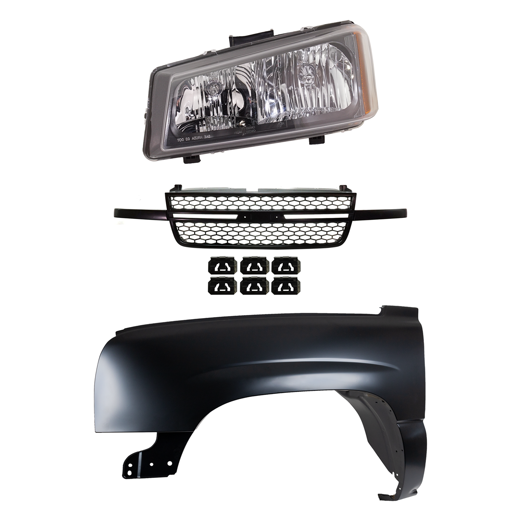 AM SILVERADO 1500-03-06 FRONT FENDER LH 3 pc kit Primed w Grille Assembly and Headlight Includes 2007 Classic SKU KIT 022123-12302 Partslink GM1240305 GM1200586 GM2502224 OEM 88944420-15276048-10396913 PFM