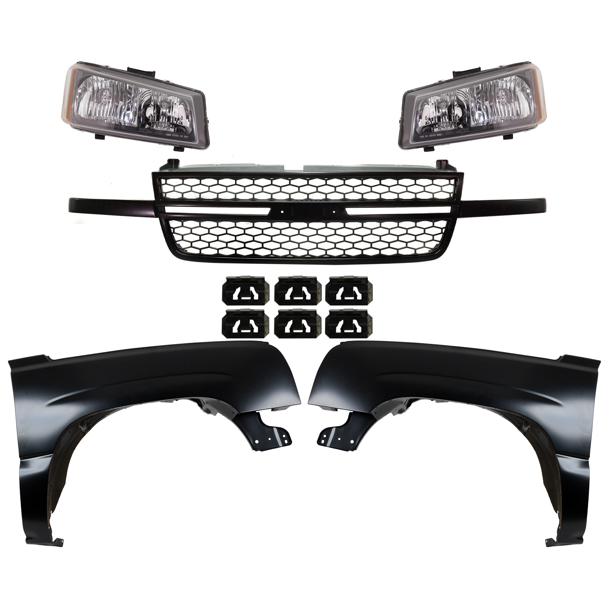 AM SILVERADO 1500-03-06 FRONT FENDER RH AND LH 5 pc kit Primed w Grille Assembly and Headlight Includes 2007 Classic SKU KIT 022123-123 Partslink GM1241305 GM1240305 GM1200586 GM2502224 GM2503224 OEM 88944419-88944420-15276048-103