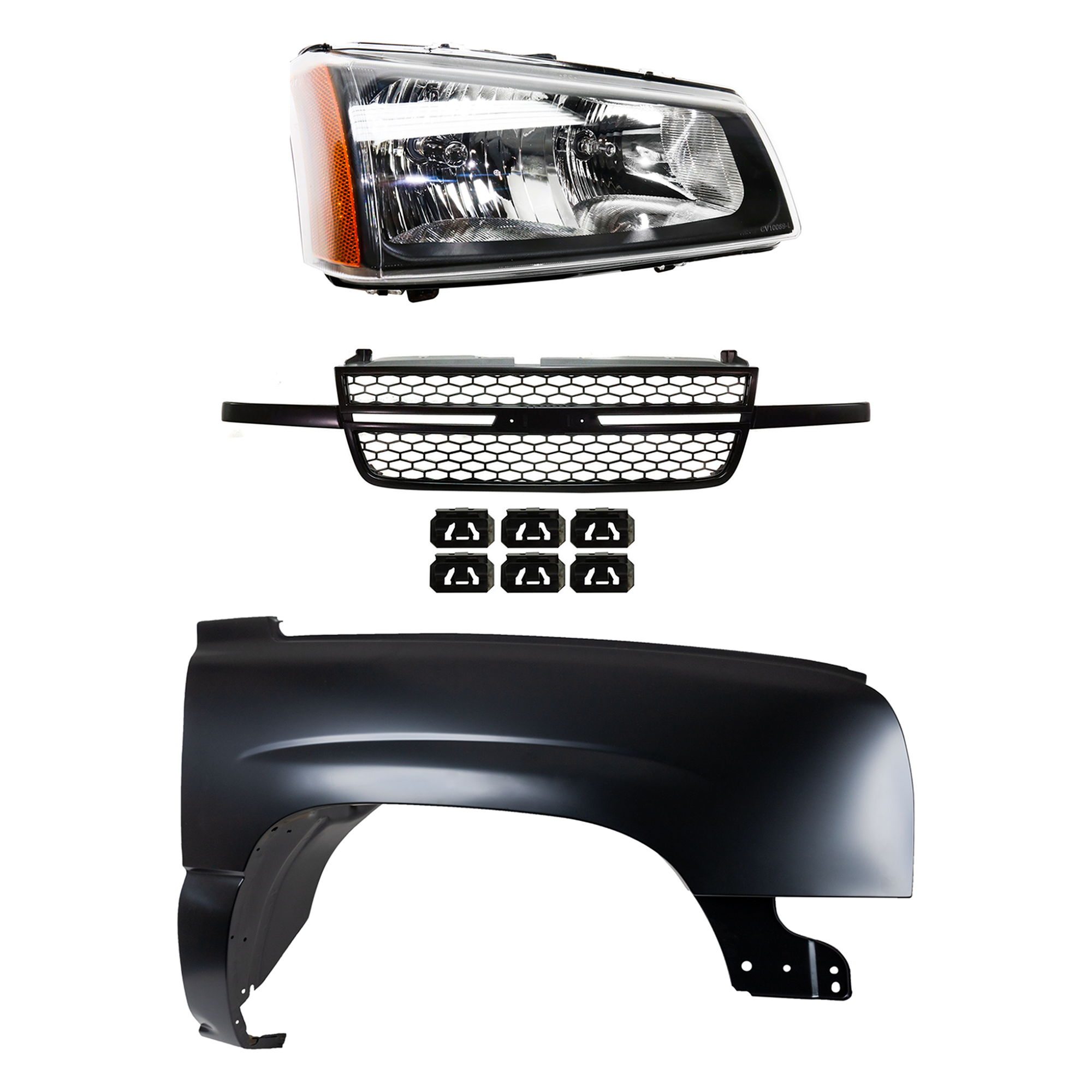 AM SILVERADO 1500-03-06 FRONT FENDER RH 3 pc kit Primed w Grille Assembly and Headlight Includes 2007 Classic SKU KIT 022123-12401 Partslink GM1241305 GM1200586 GM2503257 OEM 88944419-15276048-10396912