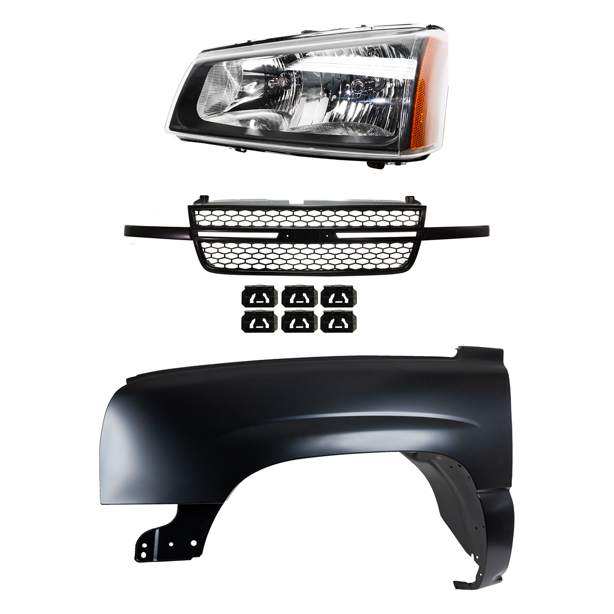 AM SILVERADO 1500-03-06 FRONT FENDER LH 3 pc kit Primed w Grille Assembly and Headlight Includes 2007 Classic SKU KIT 022123-12402 Partslink GM1240305 GM1200586 GM2502257 OEM 88944420-15276048-10396913