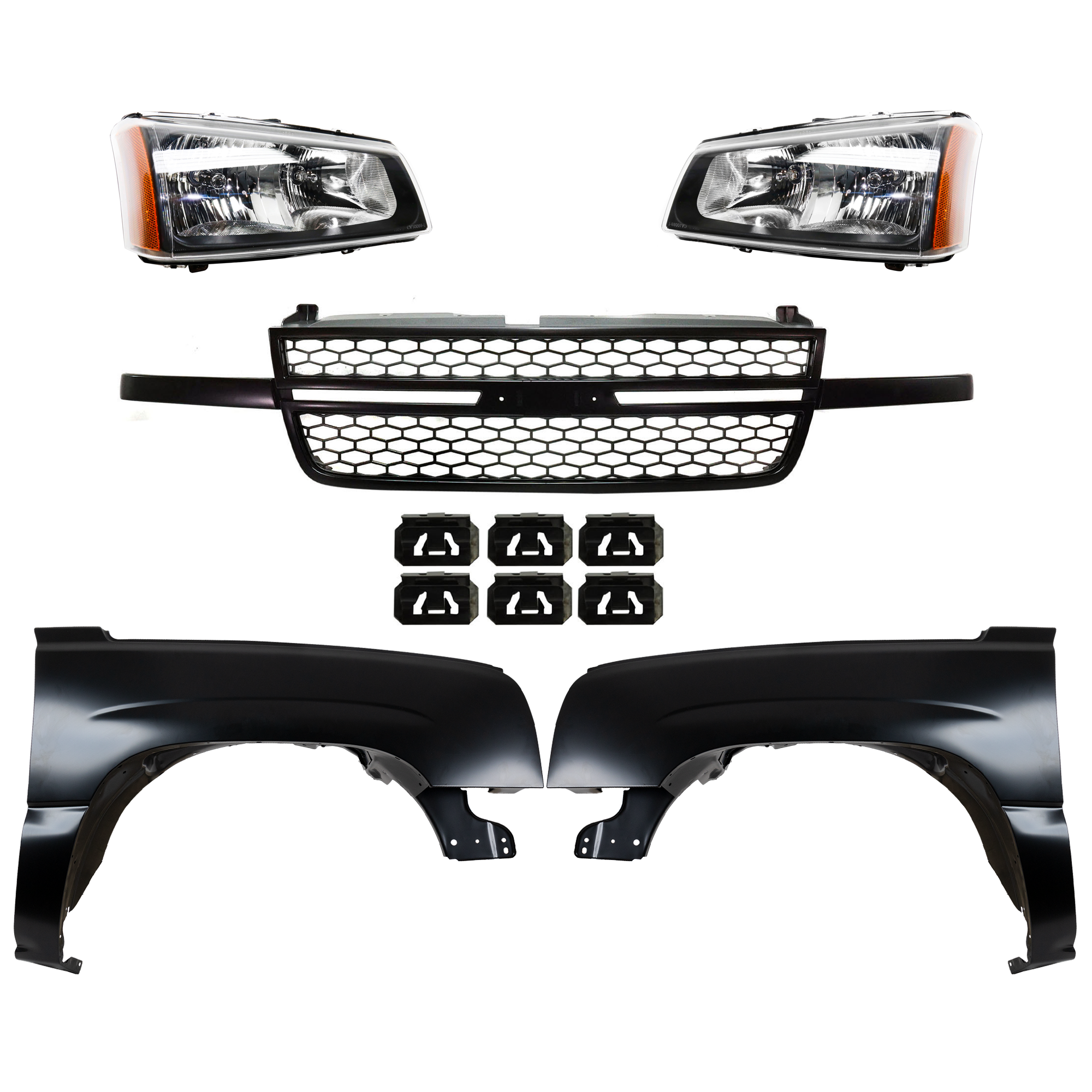AM SILVERADO 1500-03-06 FRONT FENDER RH AND LH 5 pc kit Primed w Grille Assembly and Headlight Includes 2007 Classic SKU KIT 022123-124 Partslink GM1241305 GM1240305 GM1200586 GM2502257 GM2503257 OEM 88944419-88944420-15276048-103