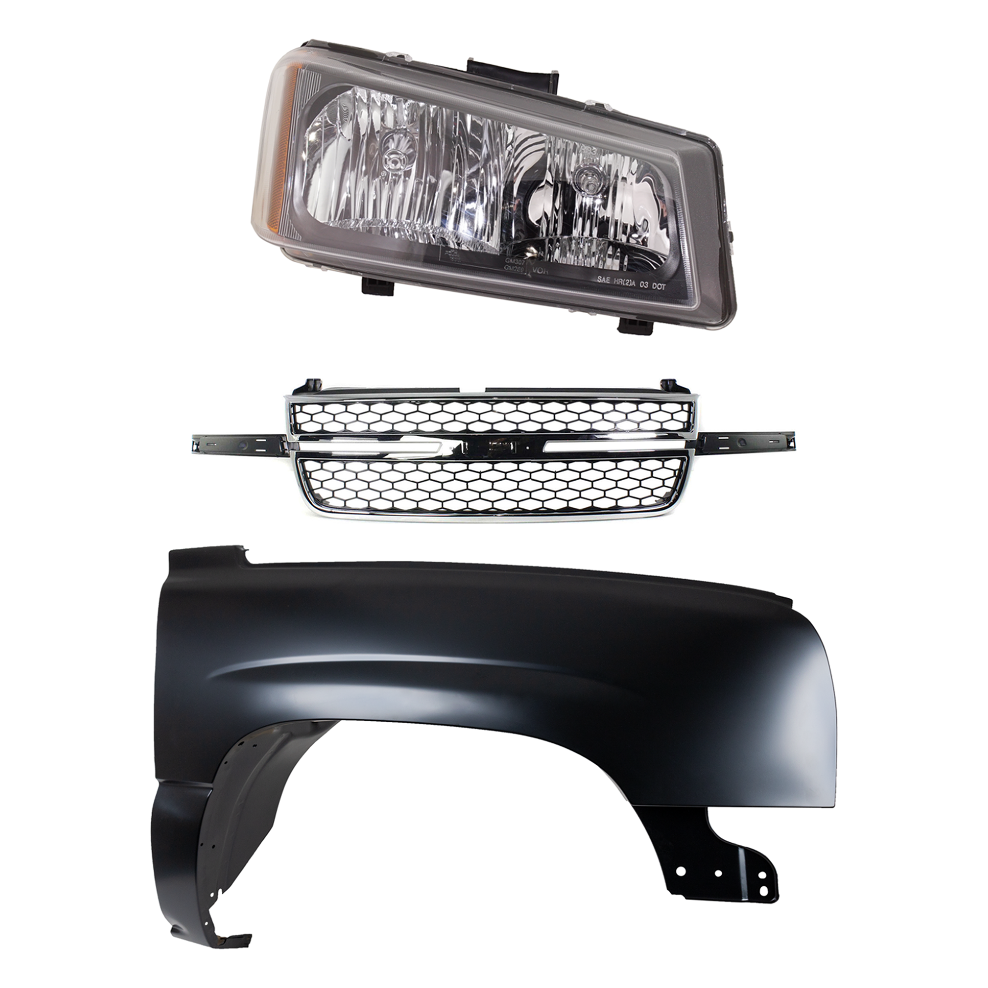 AM SILVERADO 1500-03-06 FRONT FENDER RH 3 pc Kit Primed Steel with Grille and Headlight SS Model w Dale Earnhardt Package USA Built Vehicle Includes 2007 Classic SKU KIT 022123-12501 Partslink GM1241305 GM1200589 GM2503224 OEM 88944419-19122337-10396912 PFM