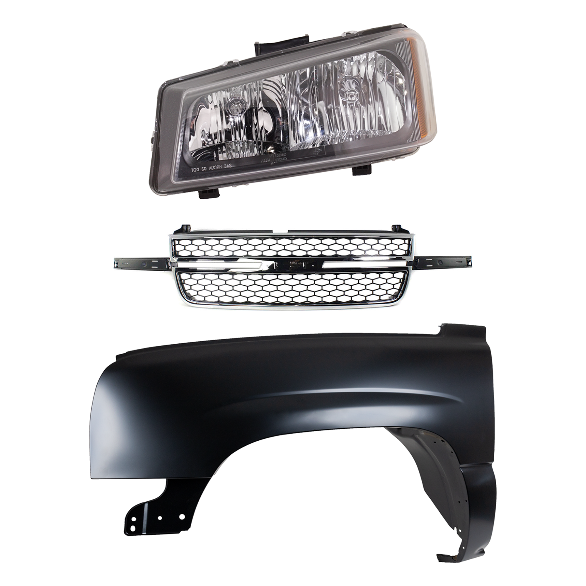 AM SILVERADO 1500-03-06 FRONT FENDER LH 3 pc Kit Primed Steel with Grille and Headlight SS Model w Dale Earnhardt Package USA Built Vehicle Includes 2007 Classic SKU KIT 022123-12502 Partslink GM1240305 GM1200589 GM2502224 OEM 88944420-19122337-10396913 PFM