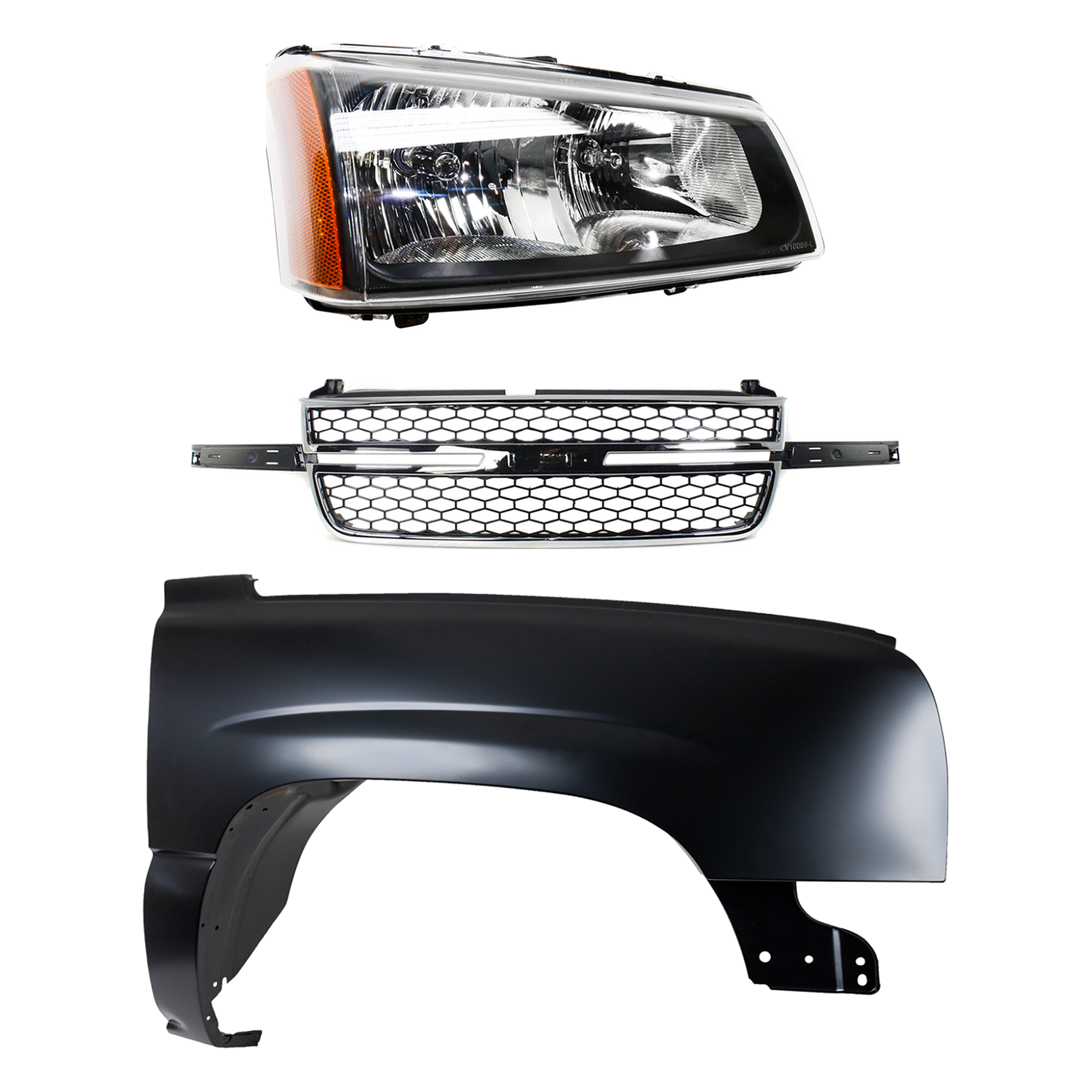 AM SILVERADO 1500-03-06 FRONT FENDER RH 3 pc Kit Primed Steel with Grille and Headlight SS Model w Dale Earnhardt Package USA Built Vehicle Includes 2007 Classic SKU KIT 022123-12601 Partslink GM1241305 GM1200589 GM2503257 OEM 88944419-19122337-10396912