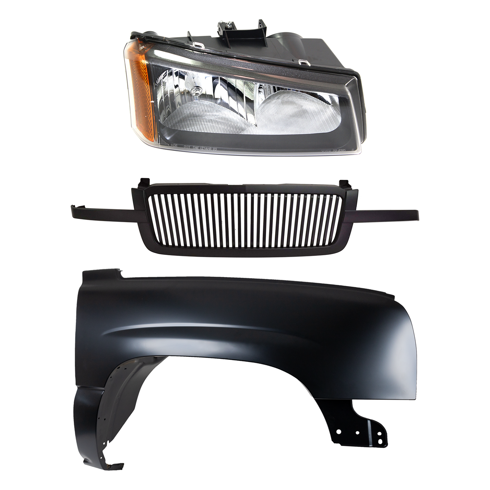 AM CHEVROLET C K FULL SIZE PICKUP 03-07 FRONT FENDER RH Primed 3 pc Kit with Grille and Headlight CAPA SKU KIT 022123-12801 Partslink GM1241305C GM2503257C OEM 10396912-88944419 Performance