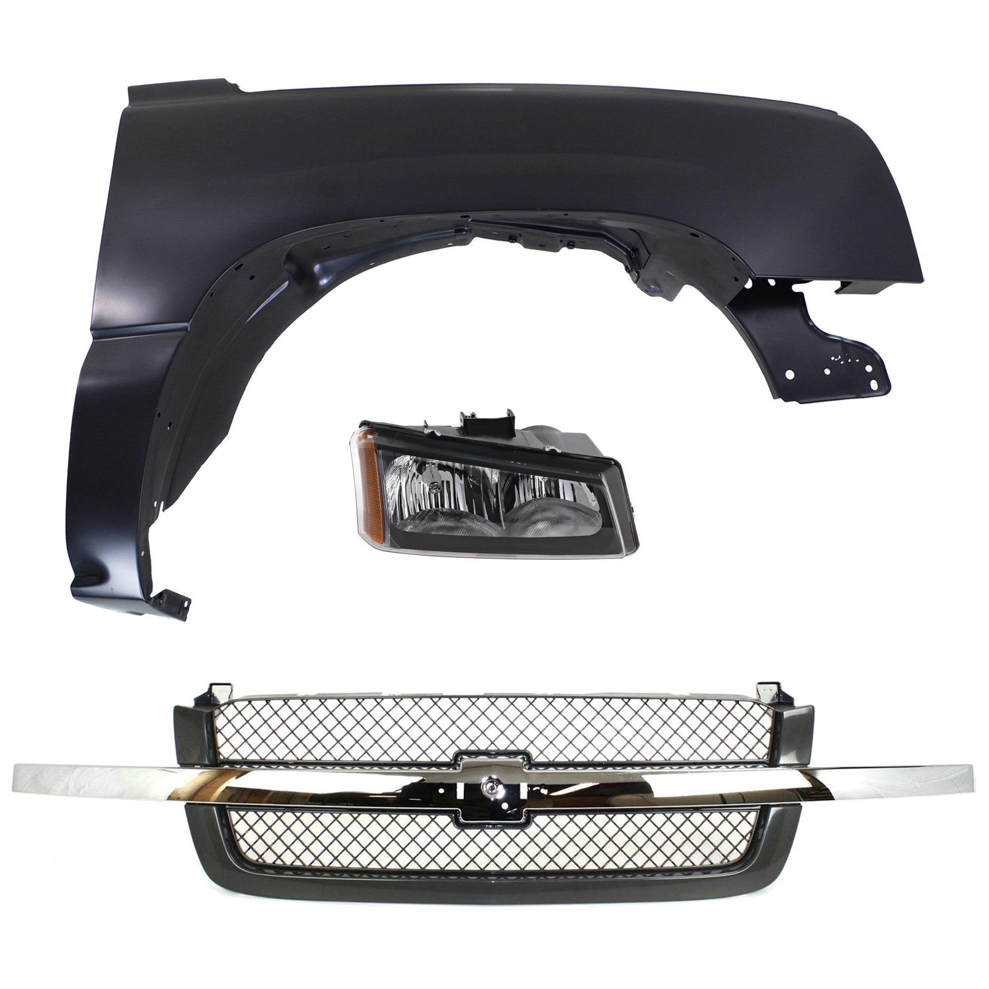 AM SILVERADO 1500 SILVERADO 2500 HD SILVERADO 3500-03-06 FRONT FENDER RH Primed 3 pc Kit with Grille and Headlight CAPA SKU KIT 022123-13201 Partslink GM1241305C GM2503257C OEM 10396912-88944419