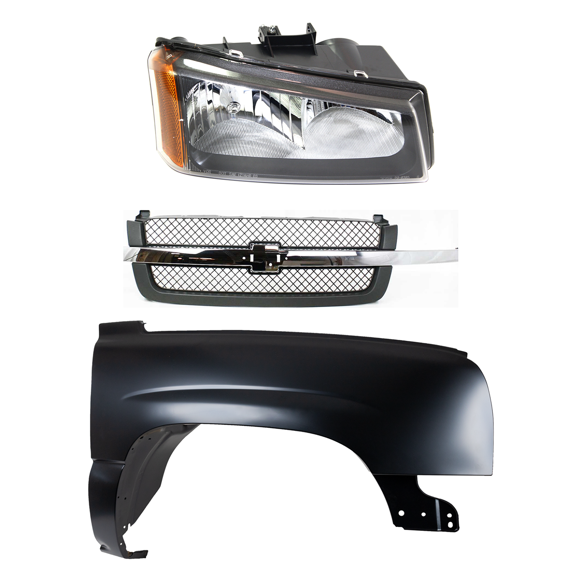 AM CHEVROLET C K FULL SIZE PICKUP 03-07 FRONT FENDER RH 3 pc kit Primed w Grille and Headlight CAPA SKU KIT 022123-13401 Partslink GM1200474 GM1241305C GM2503257C OEM 10396912-88944419-88968933