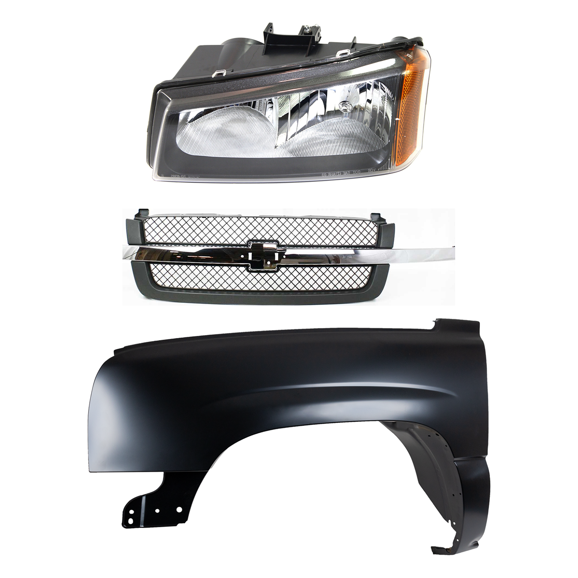AM CHEVROLET C K FULL SIZE PICKUP 03-07 FRONT FENDER LH 3 pc kit Primed w Grille and Headlight SKU KIT 022123-13402 Partslink GM1200474 GM1240305C GM2502257C OEM 10396913-88944420-88968933