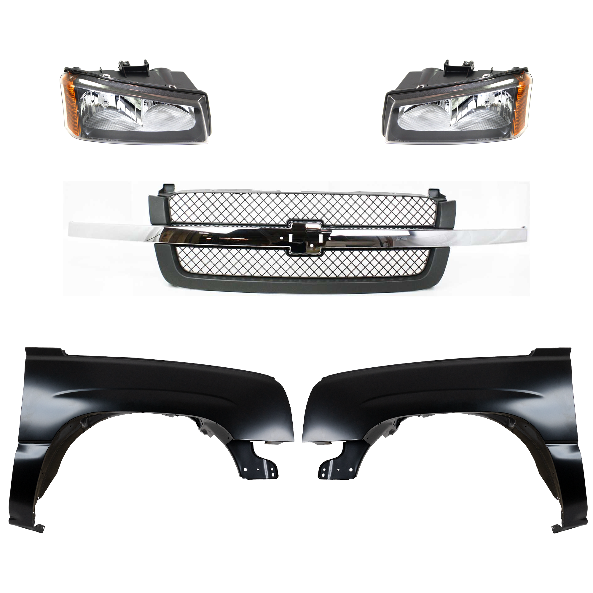 AM CHEVROLET C K FULL SIZE PICKUP 03-07 FRONT FENDER RH AND LH 5 pc kit Primed w Grille and Headlight CAPA SKU KIT 022123-134 Partslink GM1200474 GM1240305C GM1241305C GM2502257C GM2503257C OEM 10396912-10396913-88944419-889