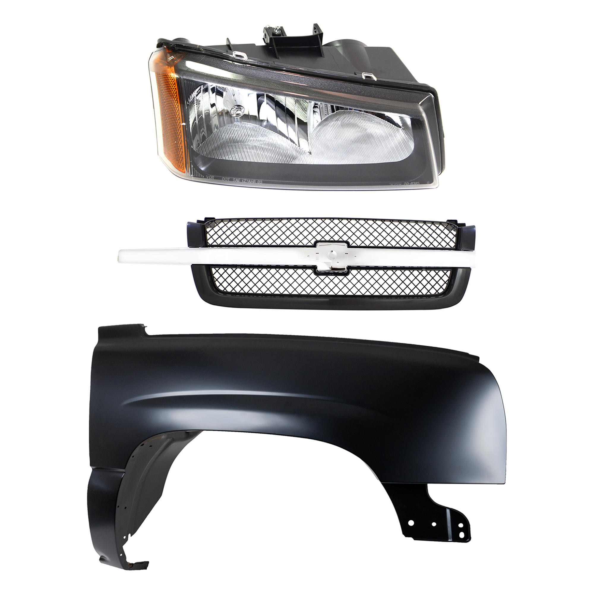AM CHEVROLET C K FULL SIZE PICKUP 03-07 FRONT FENDER RH Primed 3 pc Kit with Grille and Headlight CAPA SKU KIT 022123-13601 Partslink GM1200489 GM1241305C GM2503257C OEM 10396912-19168629-88944419
