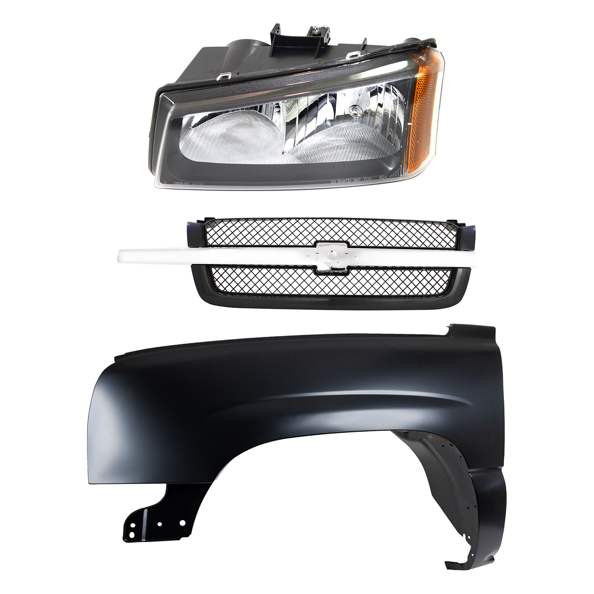AM CHEVROLET C K FULL SIZE PICKUP 03-07 FRONT FENDER LH Primed 3 pc Kit with Grille and Headlight SKU KIT 022123-13602 Partslink GM1200489 GM1240305C GM2502257C OEM 10396913-19168629-88944420