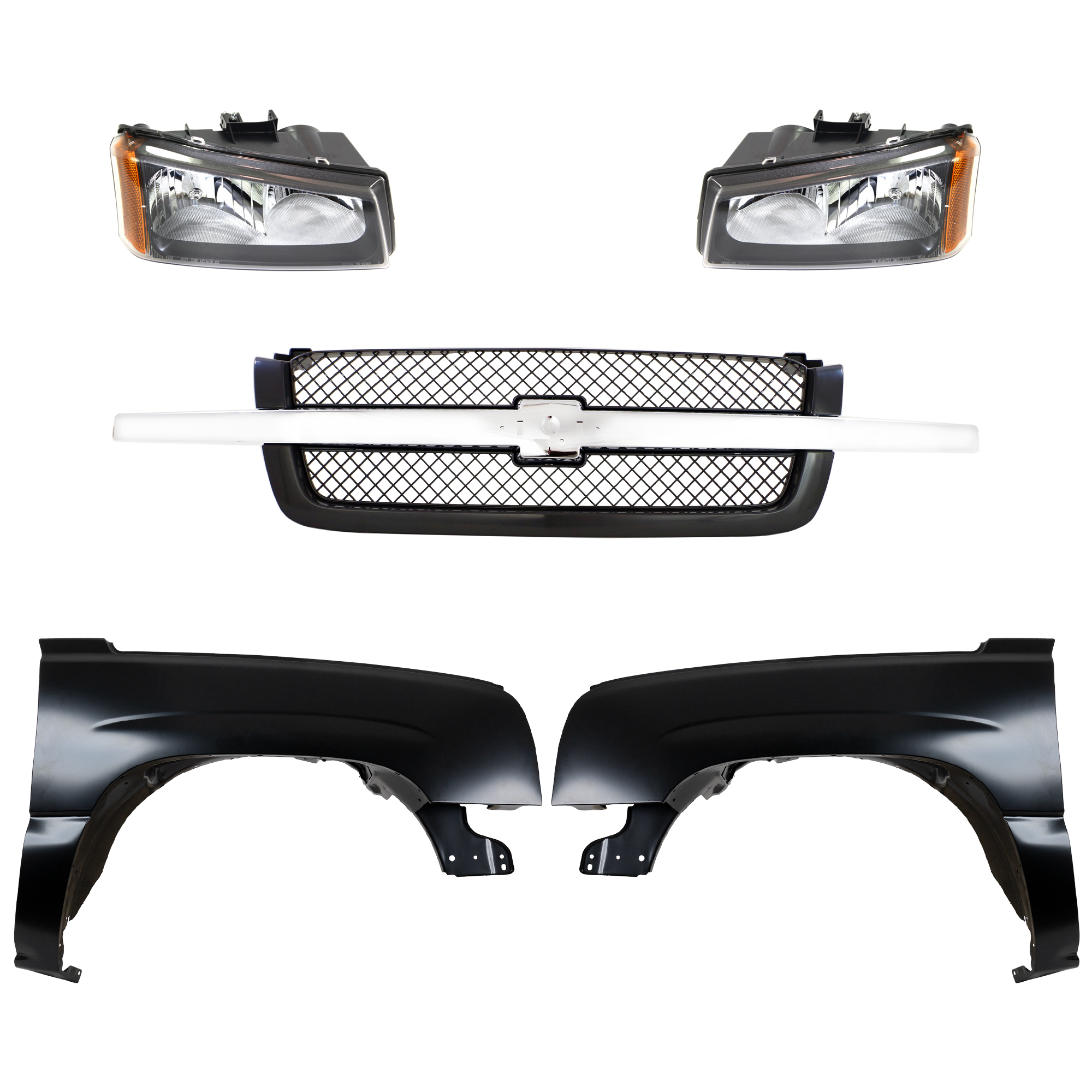 AM CHEVROLET C K FULL SIZE PICKUP 03-07 FRONT FENDER RH AND LH Primed 5 pc Kit with Grille and Headlights SKU KIT 022123-136 Partslink GM1200489 GM1240305C GM1241305C GM2502257C GM2503257C OEM 10396912-10396913-19168629-889