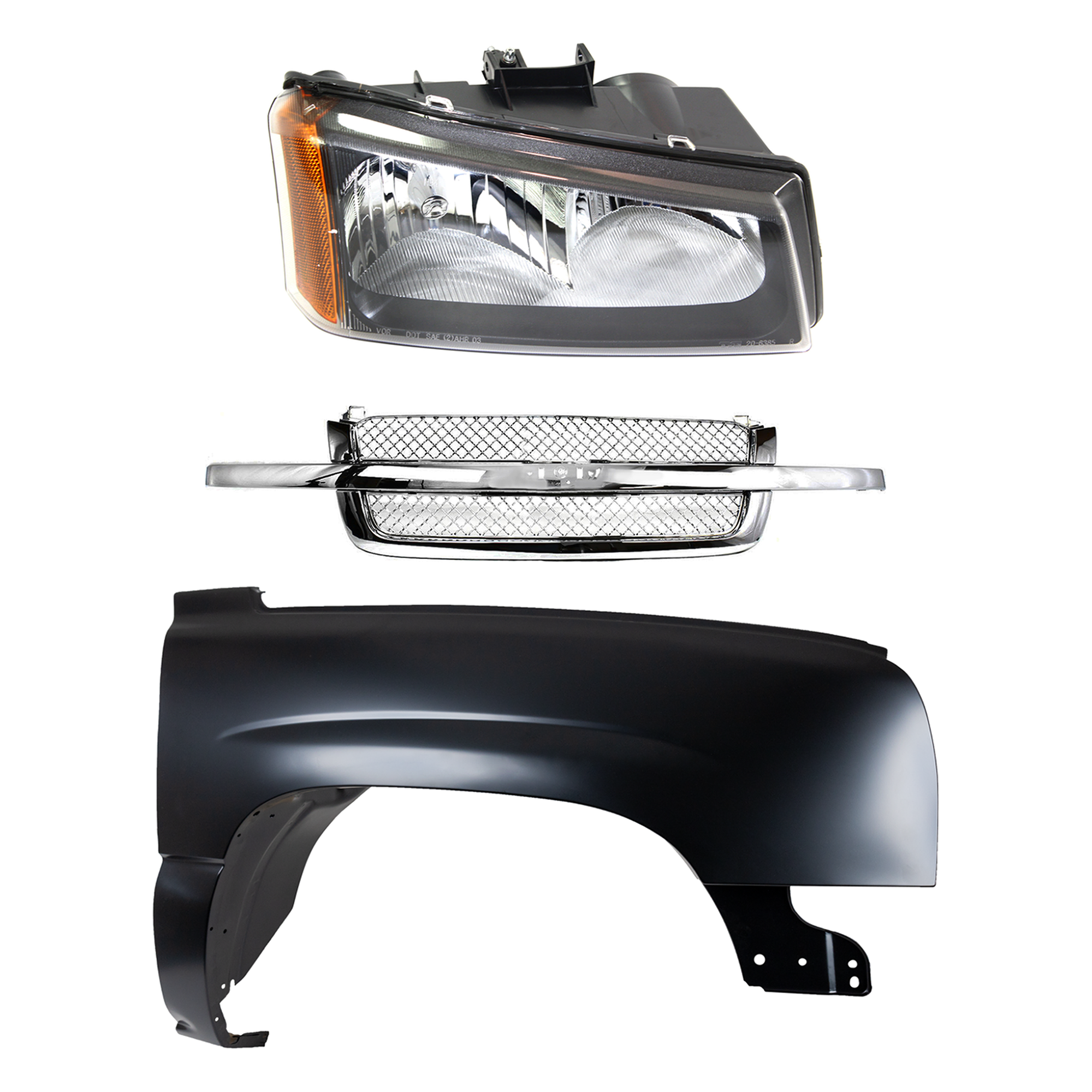 AM SILVERADO 03-07 FRONT FENDER RH 3 pc Kit Primed Steel with Grille and Headlight CAPA SKU KIT 022123-13801 Partslink GM1200514 GM1241305C GM2503257C OEM 10396912-88944419-88968933 PFM