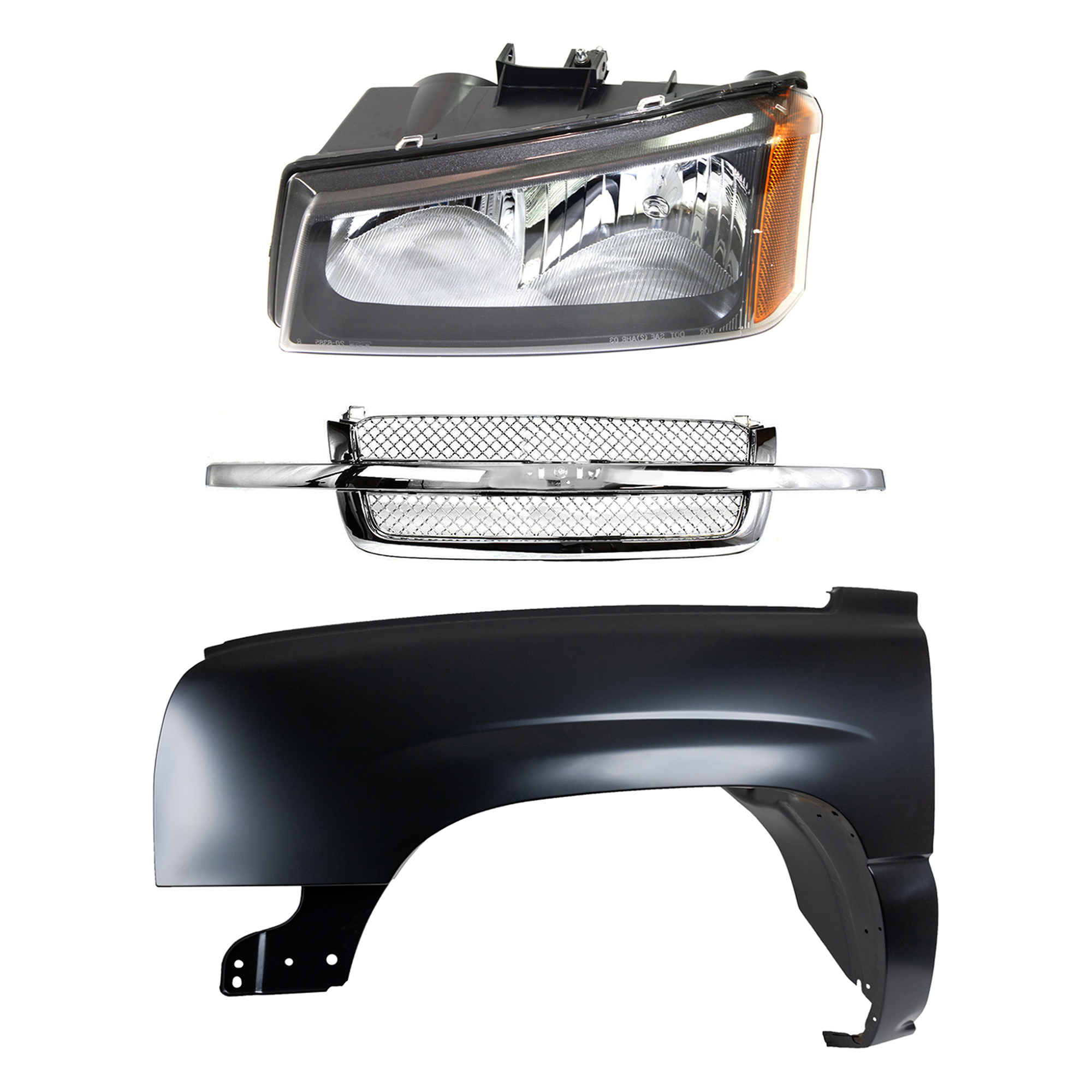 AM SILVERADO 03-07 FRONT FENDER LH 3 pc Kit Primed Steel with Grille and Headlight CAPA SKU KIT 022123-13802 Partslink GM1200514 GM1240305C GM2502257C OEM 10396913-88944420-88968933 PFM