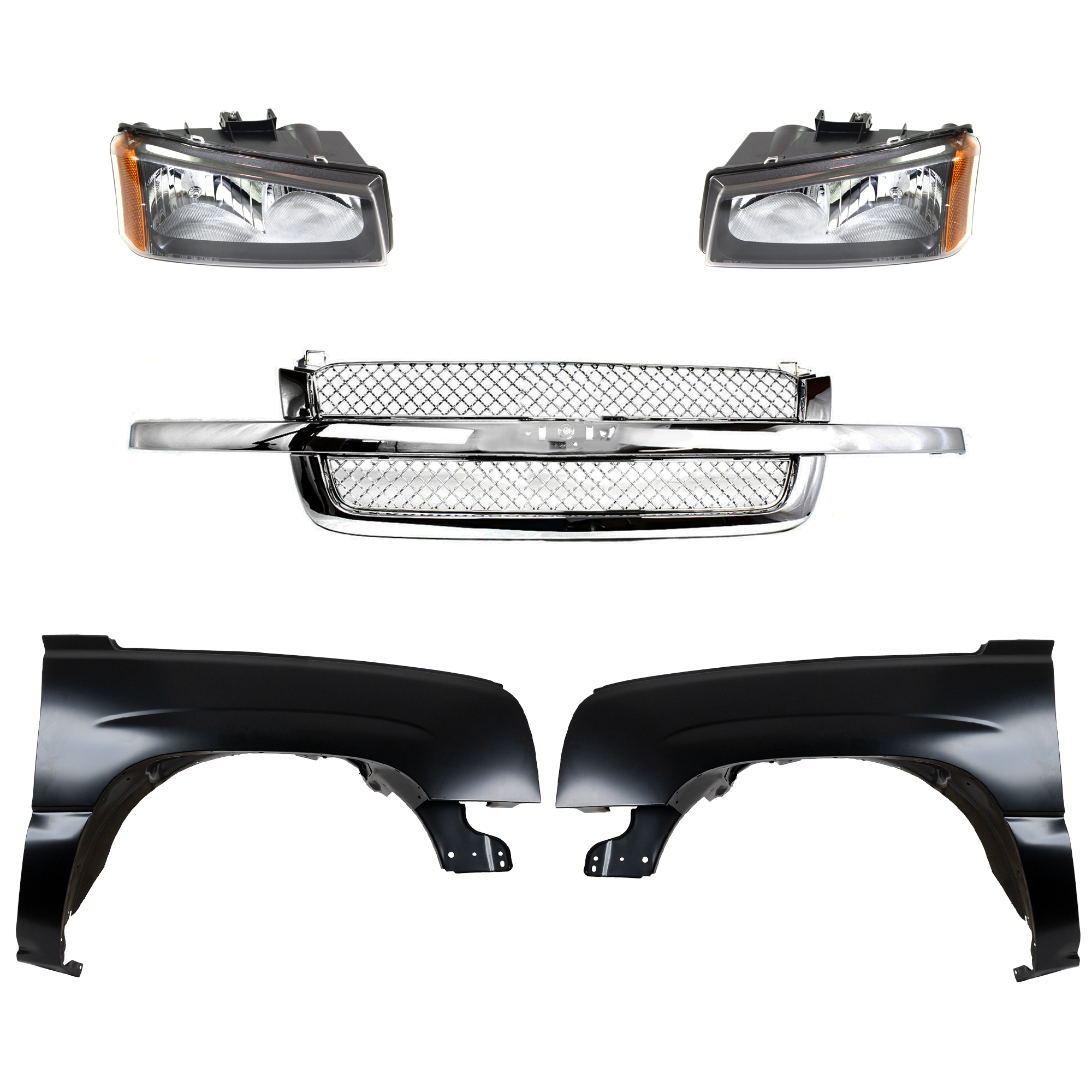 AM SILVERADO 03-07 FRONT FENDER RH AND LH 5 pc Kit Primed Steel with Grille and Headlights CAPA SKU KIT 022123-138 Partslink GM1200514 GM1240305C GM1241305C GM2502257C GM2503257C OEM 10396912-10396913-88944419-889