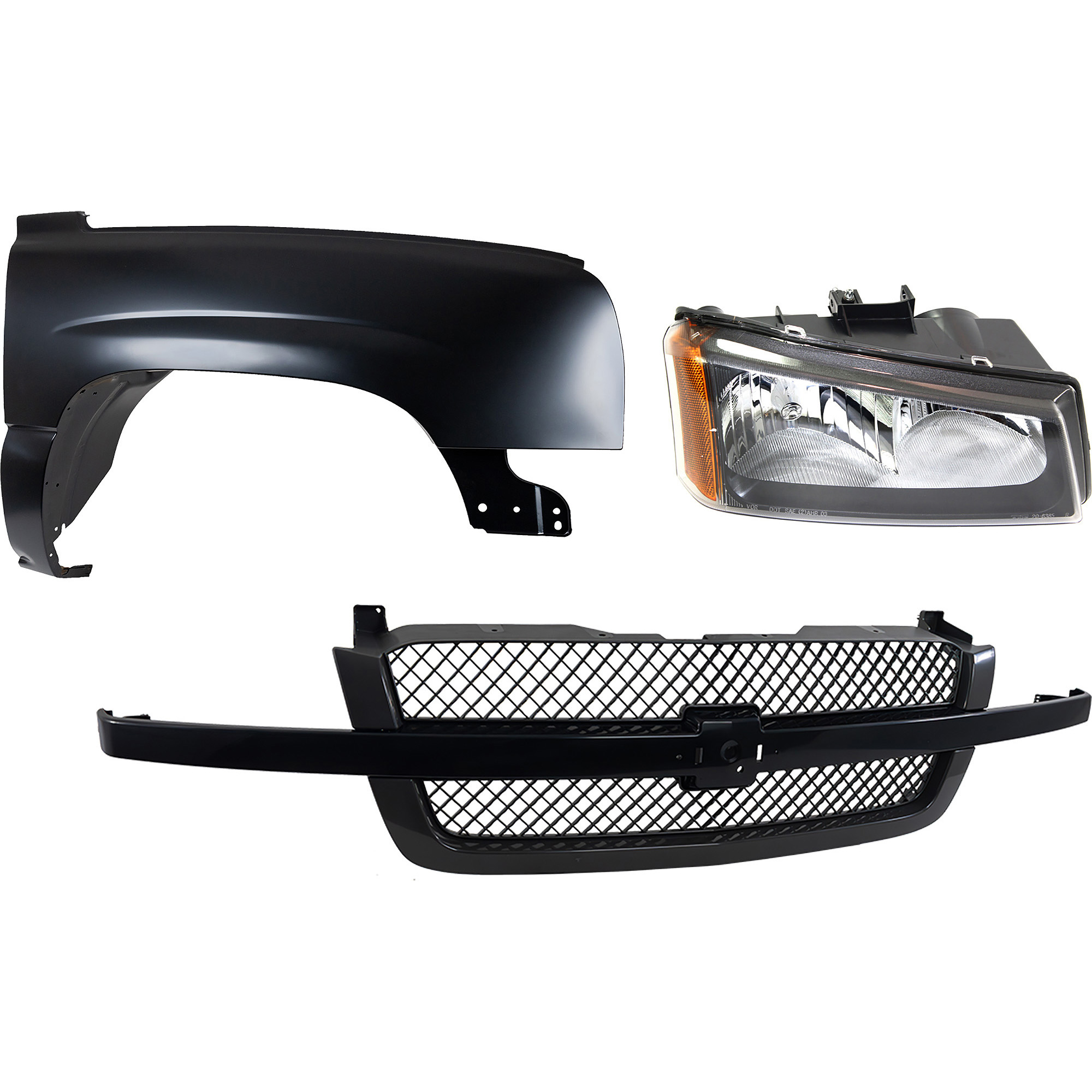 AM SILVERADO 1500-03-06 FRONT FENDER RH 3 pc Kit Primed Steel with Grille and Headlight CAPA Includes 2007 Classic SKU KIT 022123-14001 Partslink GM1200557 GM1241305C GM2503257C OEM 10396912-19168630-88944419