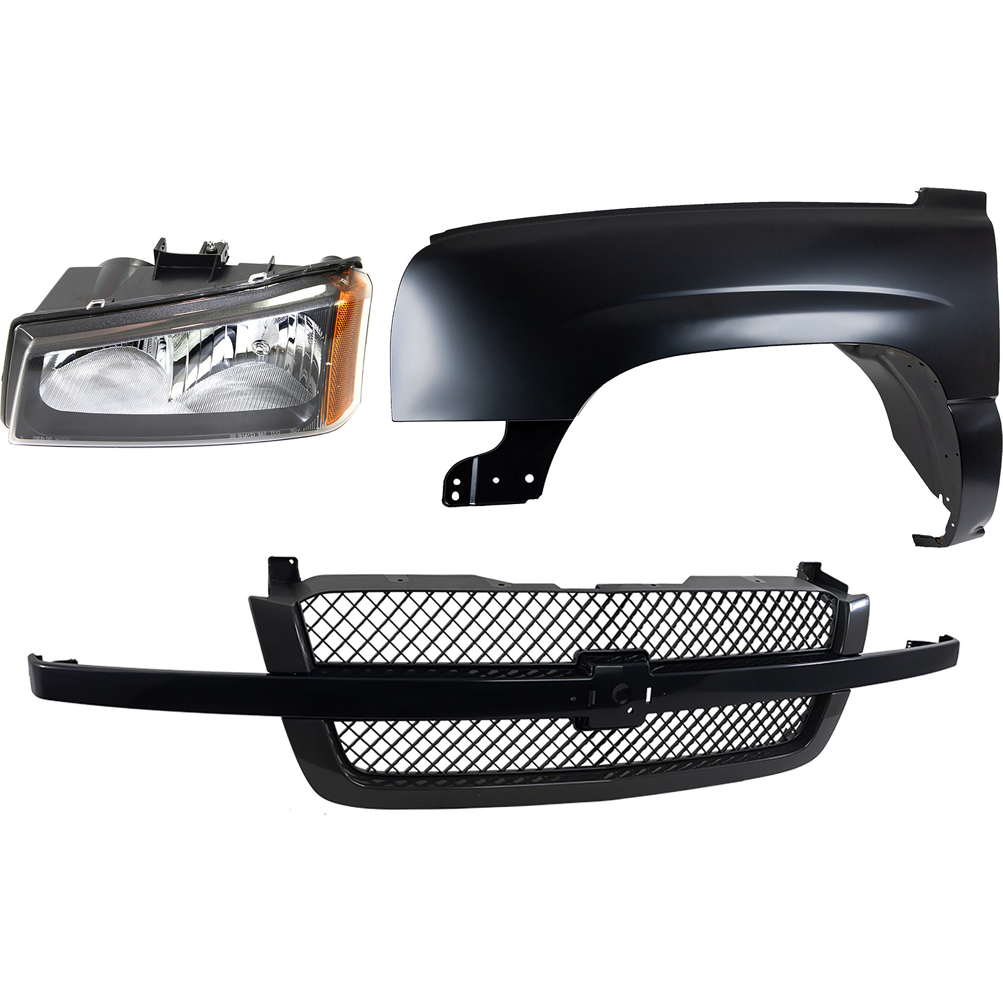AM SILVERADO 1500-03-06 FRONT FENDER LH 3 pc Kit Primed Steel with Grille and Headlight CAPA Includes 2007 Classic SKU KIT 022123-14002 Partslink GM1200557 GM1240305C GM2502257C OEM 10396913-19168630-88944420