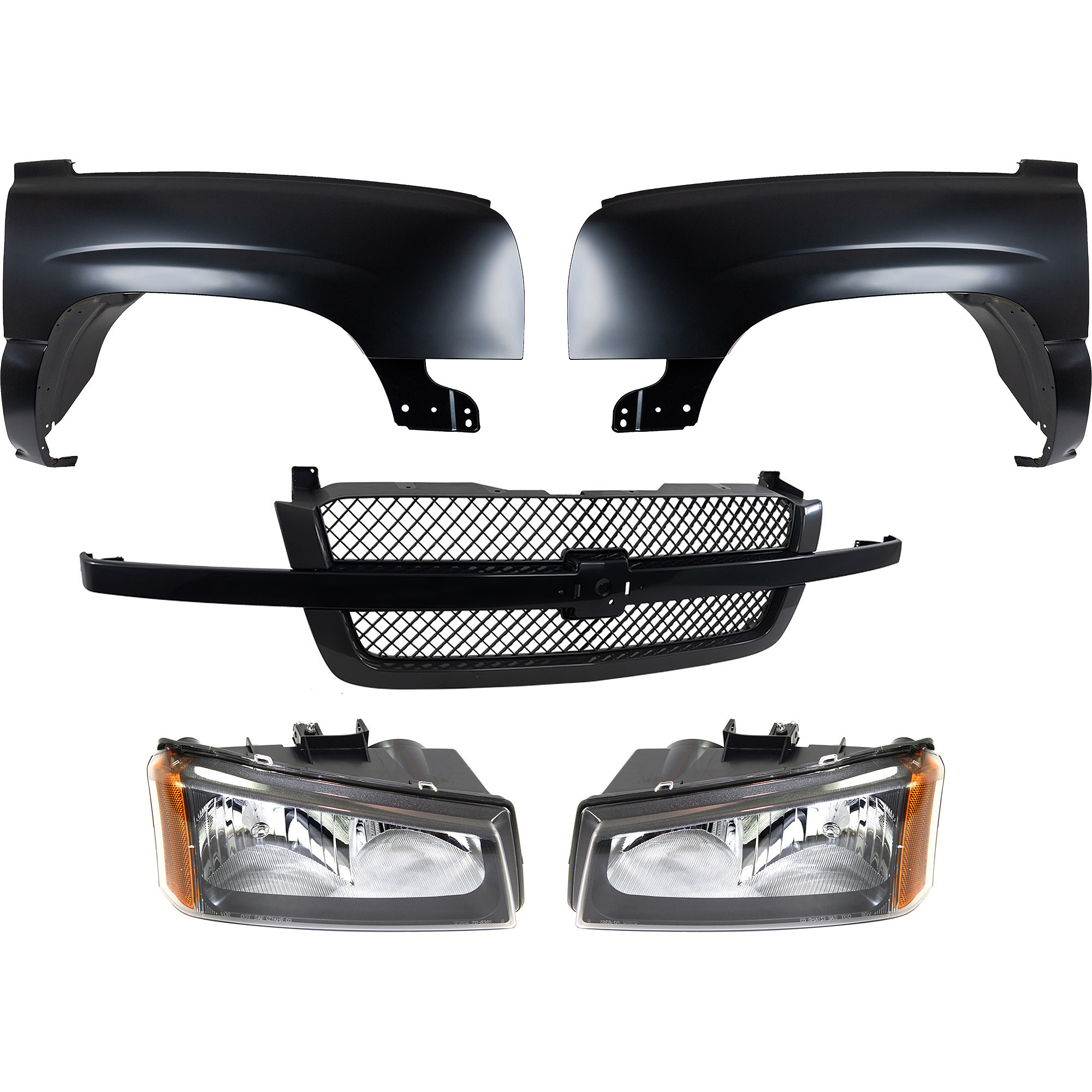 AM SILVERADO 1500-03-07 FRONT FENDER RH AND LH 5 pc Kit Primed Steel with Grille and Headlights CAPA SKU KIT 022123-140 Partslink GM1200557 GM1240305C GM1241305C GM2502257C GM2503257C OEM 10396912-10396913-19168630-889