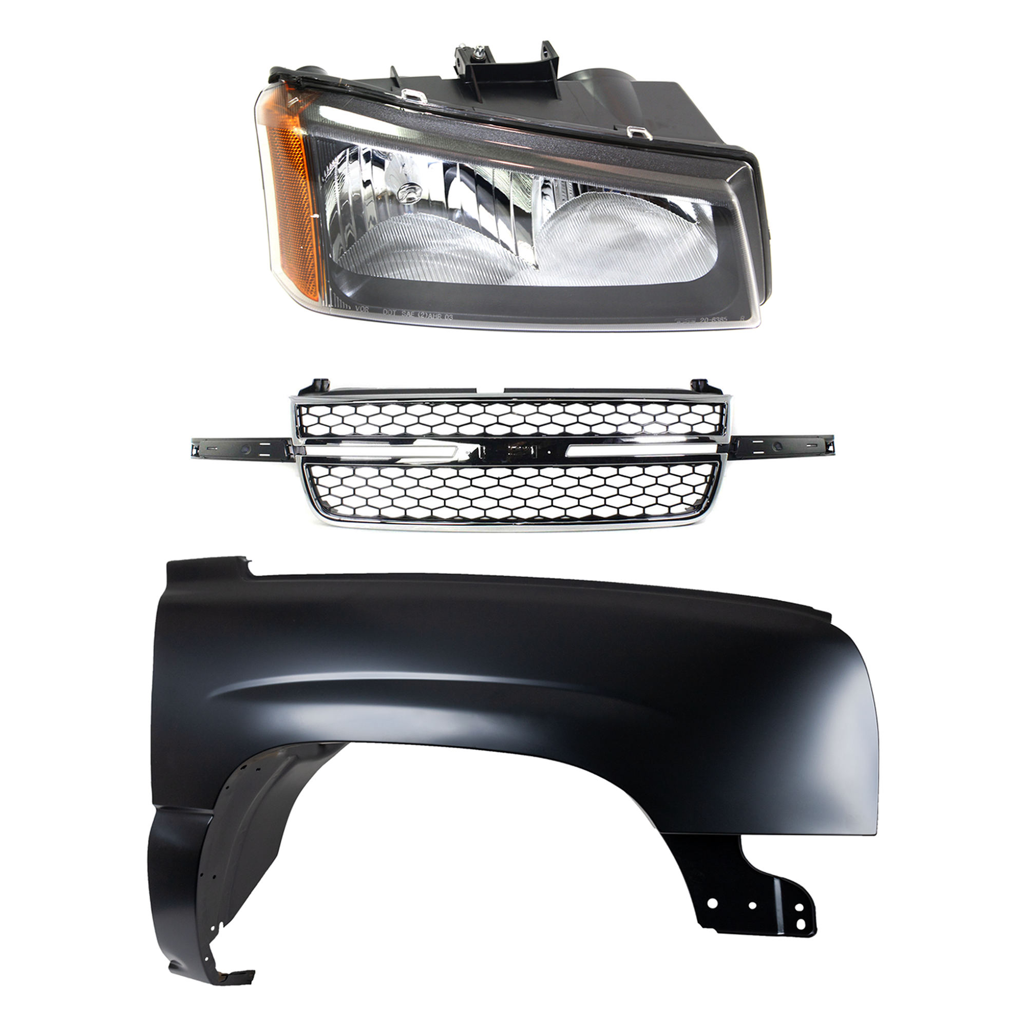 AM SILVERADO 1500-03-06 FRONT FENDER RH 3 pc Kit Primed Steel with Grille and Headlight SS Model w Dale Earnhardt Package USA Built Vehicle Includes 2007 Classic CAPA SKU KIT 022123-14401 Partslink GM1200589 GM1241305C GM2503257C OEM 10396912-19122337-88944419