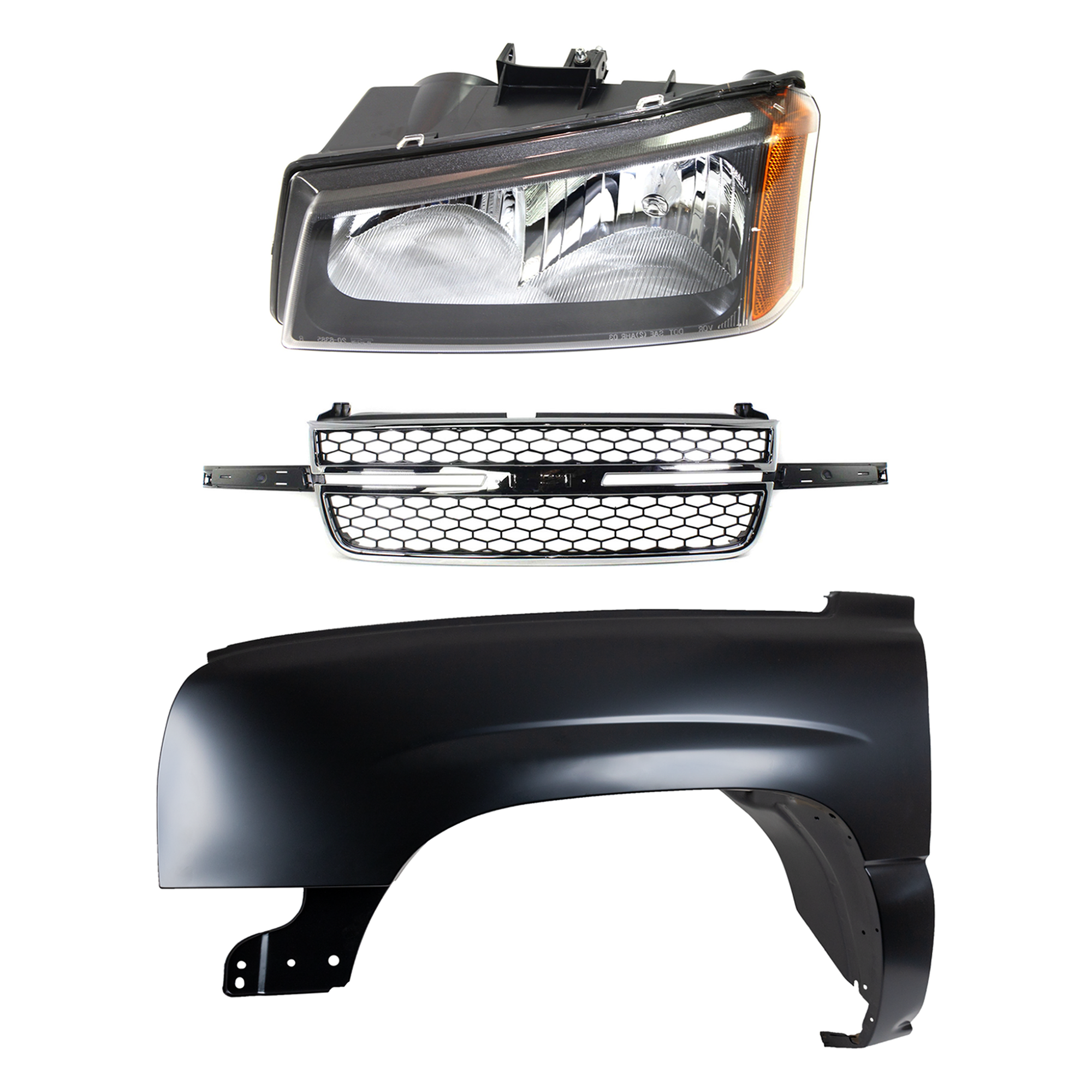 AM SILVERADO 1500-03-06 FRONT FENDER LH 3 pc Kit Primed Steel with Grille and Headlight SS Model w Dale Earnhardt Package USA Built Vehicle Includes 2007 Classic CAPA SKU KIT 022123-14402 Partslink GM1200589 GM1240305C GM2502257C OEM 10396913-19122337-88944420