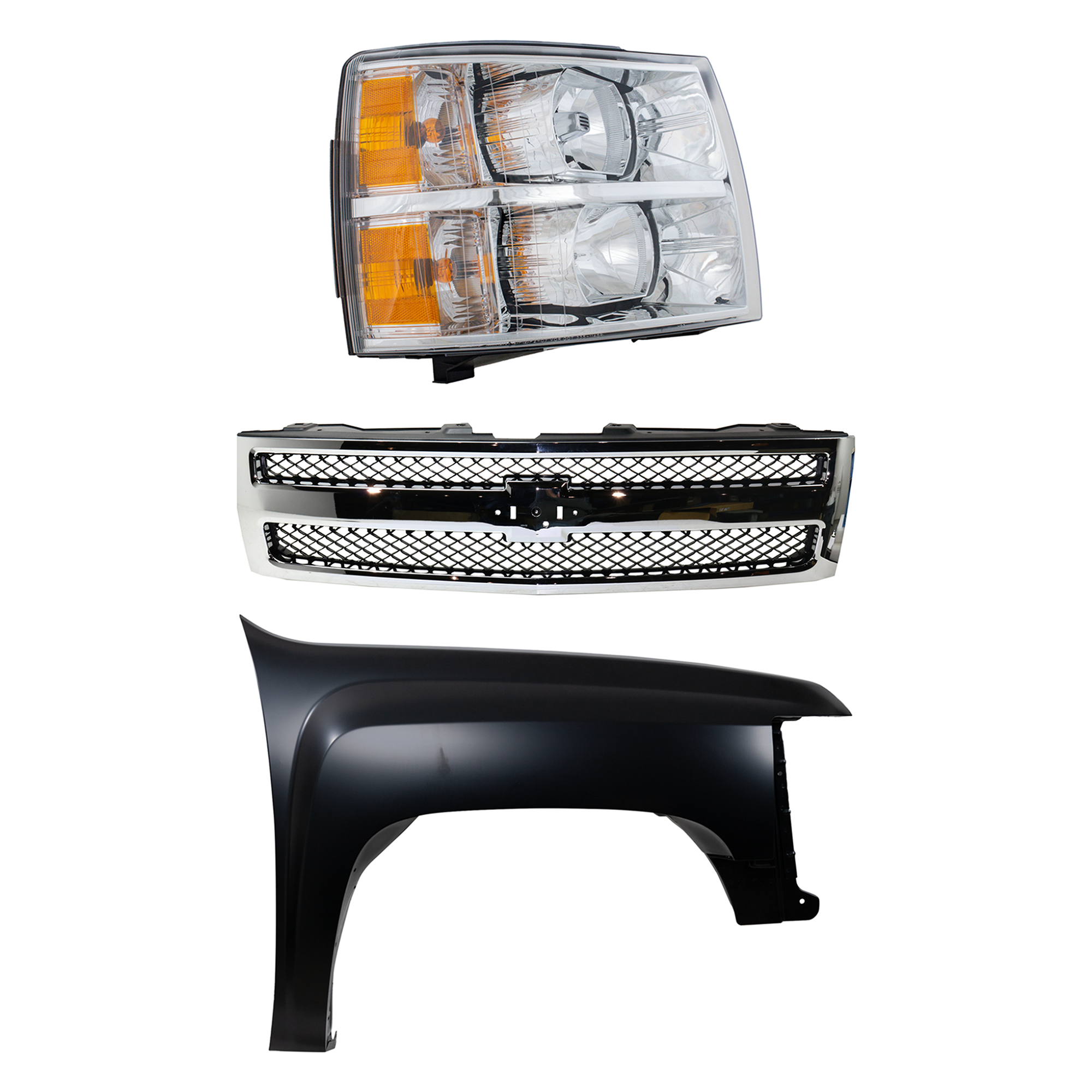 AM SILVERADO 1500-07-13 FRONT FENDER RH Primed 3 pc Kit with Grille and Headlight SKU KIT 022123-14501 Partslink GM1241341 GM1200572 GM2503280 OEM 22977474-25810707-19303978-228