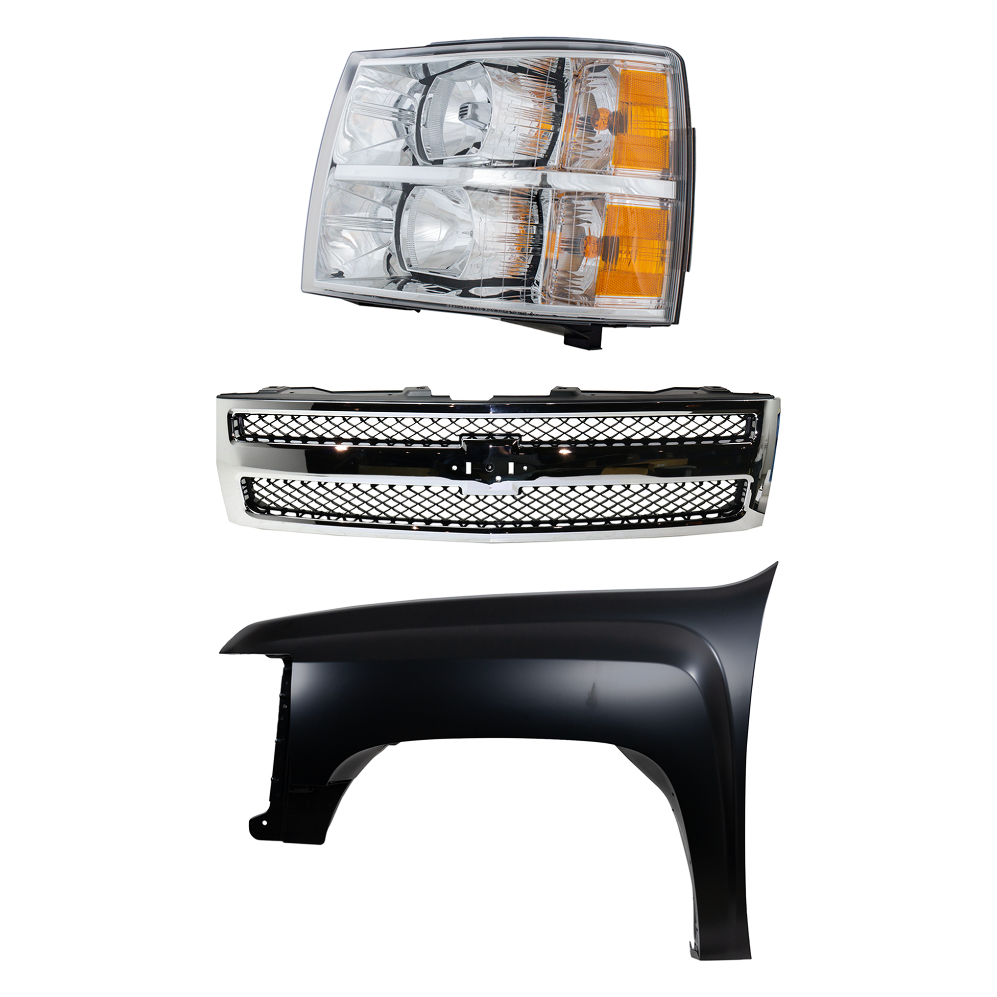 AM SILVERADO 1500-07-13 FRONT FENDER LH Primed 3 pc Kit with Grille and Headlight SKU KIT 022123-14502 Partslink GM1240341 GM1200572 GM2502280 OEM 22977473-25810707-19303978-228