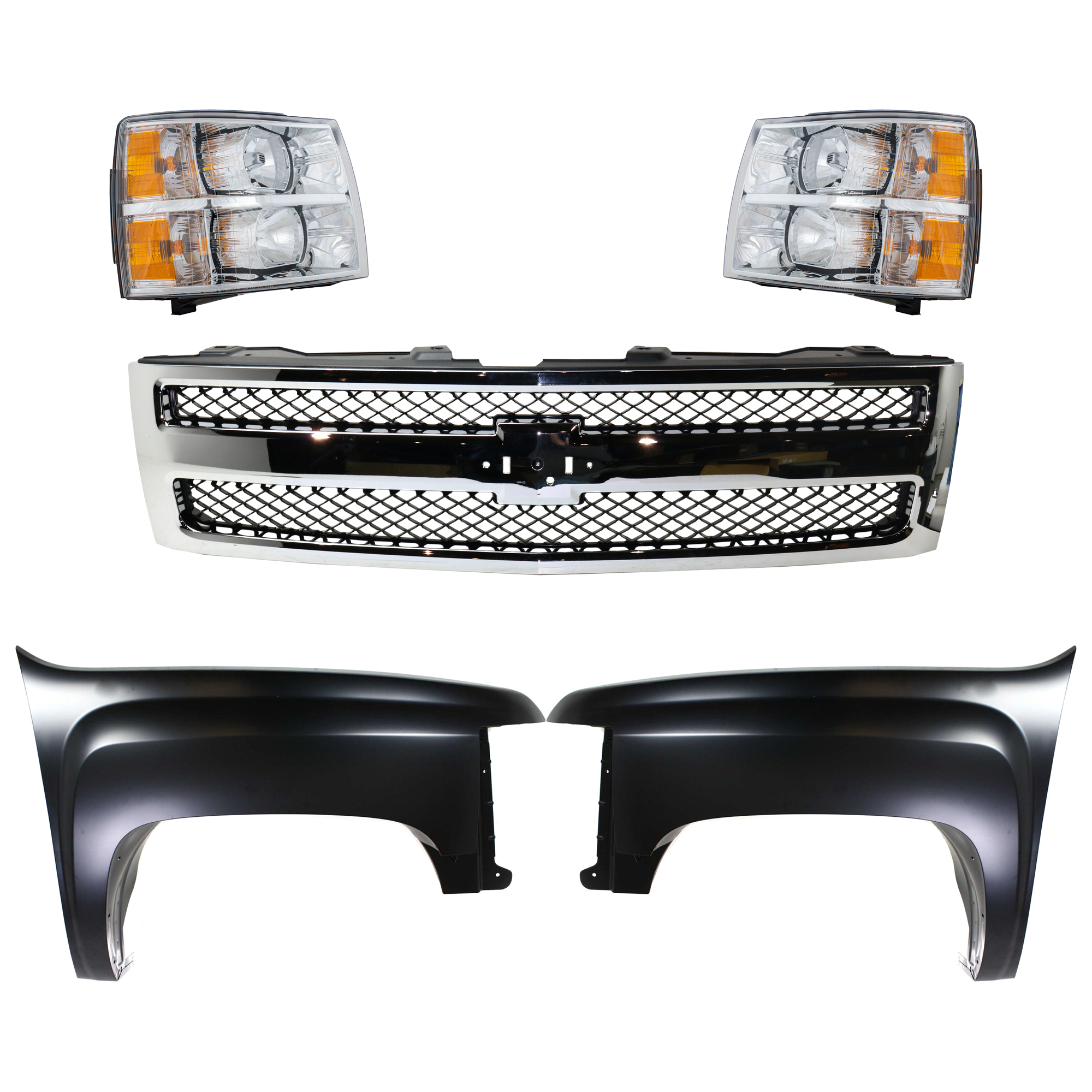 AM SILVERADO 1500-07-13 FRONT FENDER RH AND LH Primed 5 pc Kit with Grille and Headlights SKU KIT 022123-145 Partslink GM1241341 GM1240341 GM1200572 GM2502280 GM2503280 OEM 22977474-22977473-25810707-193
