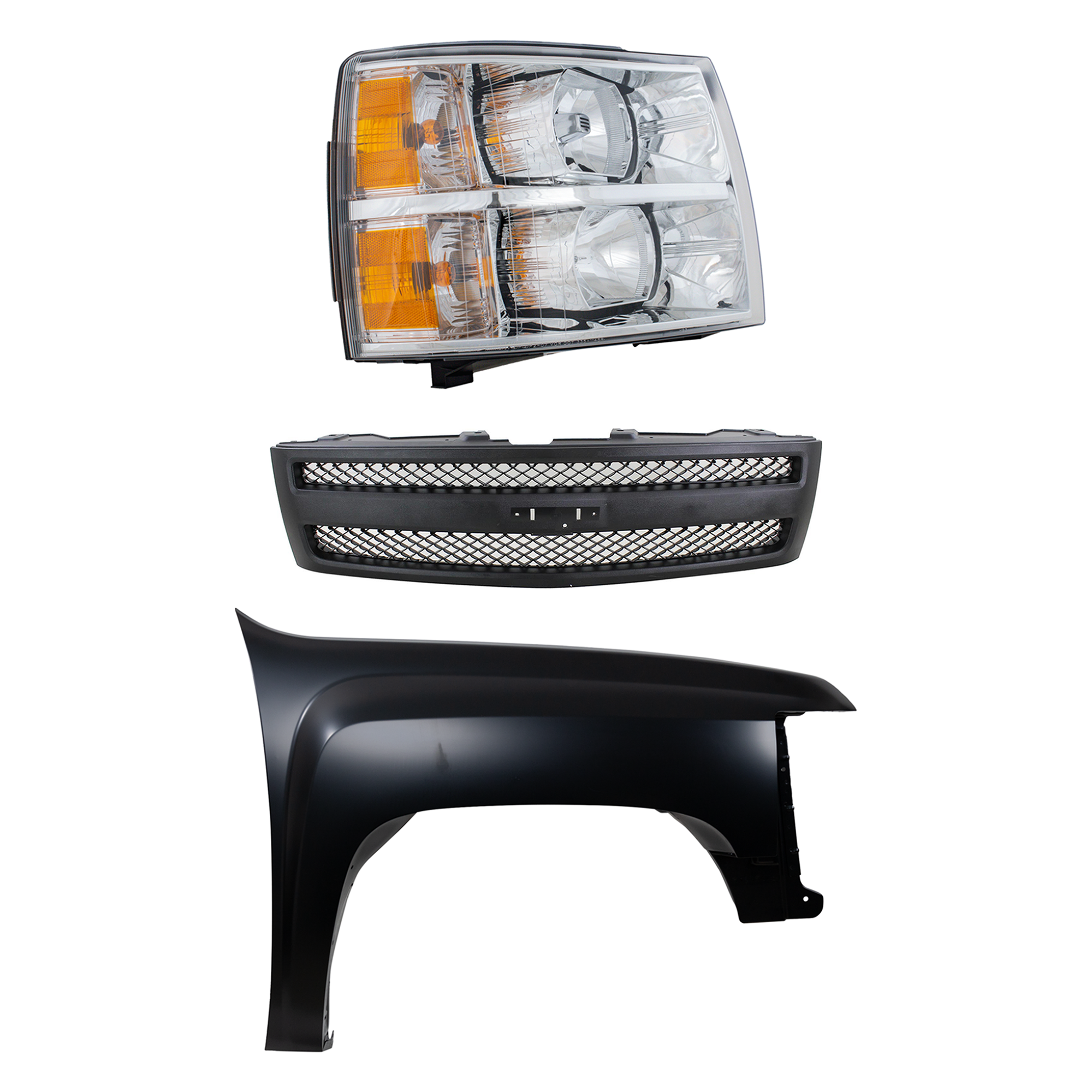 AM SILVERADO 1500-07-13 FRONT FENDER RH 3 pc Kit Primed Steel with Grille and Headlight SKU KIT 022123-14701 Partslink GM1241341 GM1200578 GM2503280 OEM 22977474-25810706-22829433-228